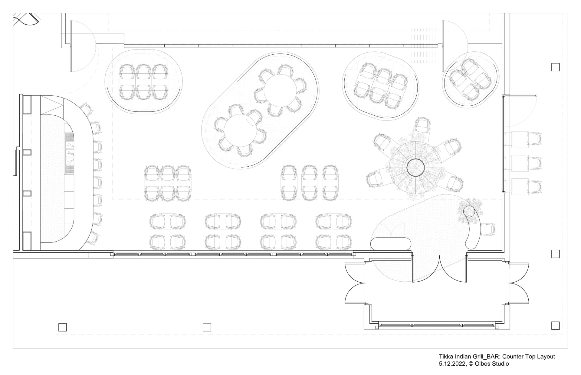Floor plan layout of an Indian grill restaurant with various seating arrangements and counter top layout