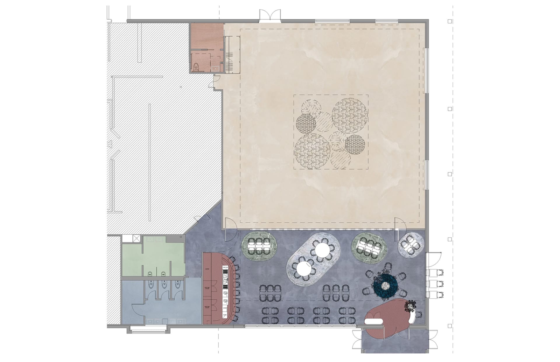 A neutral-colored restaurant interior design floor plan