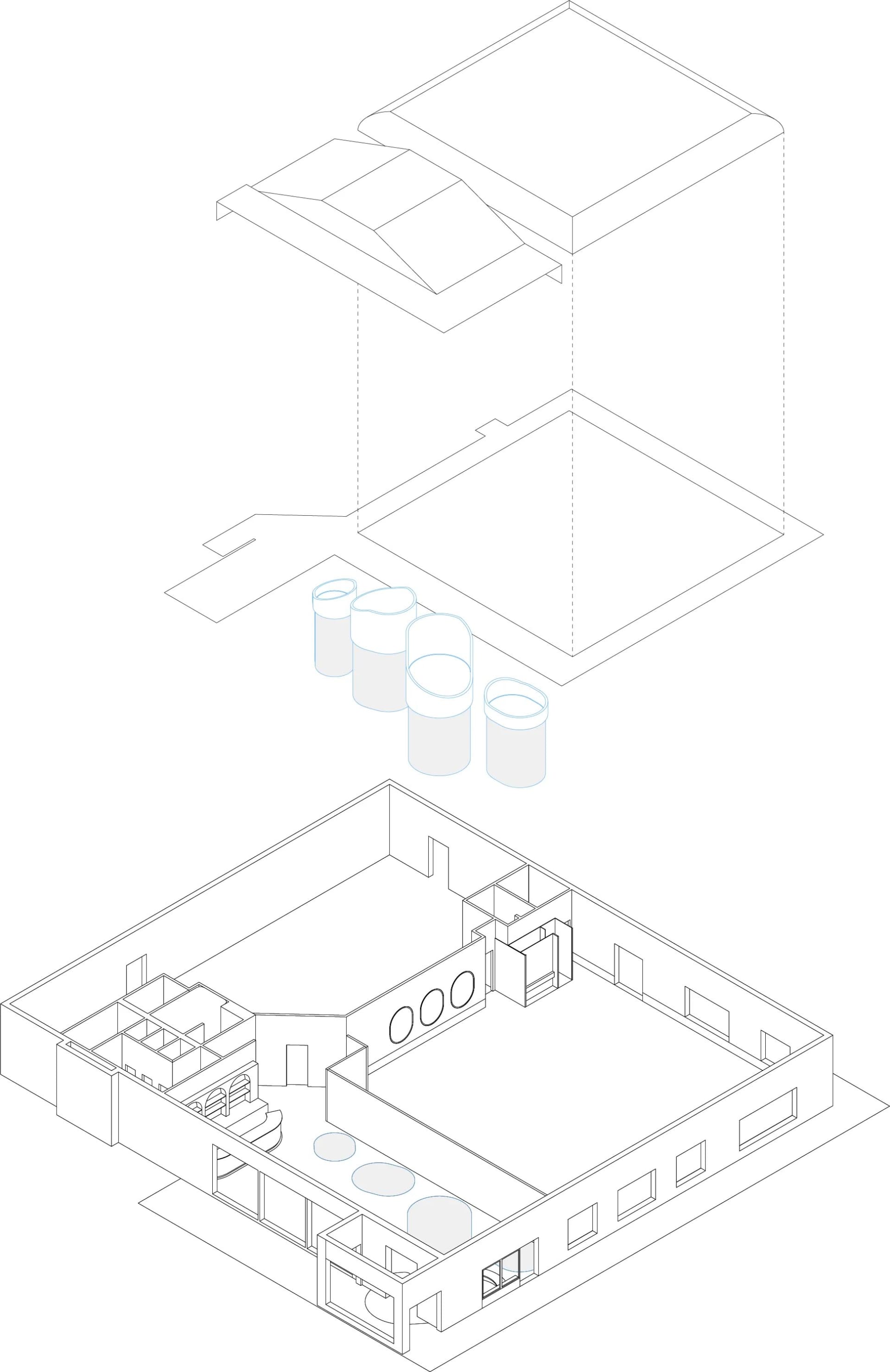 Modern office space with a glass ceiling and open floor plan