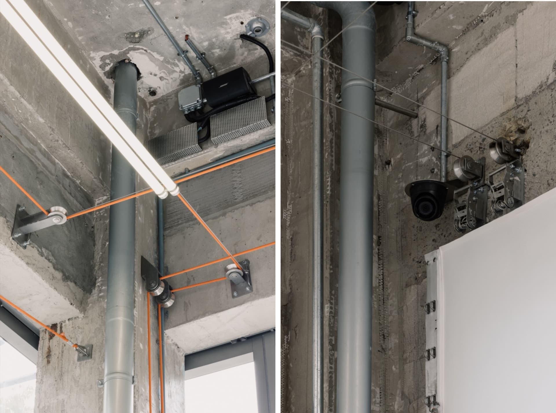 一張展示工業風格辦公室室內,搭配混凝土管線與電纜的圖片。