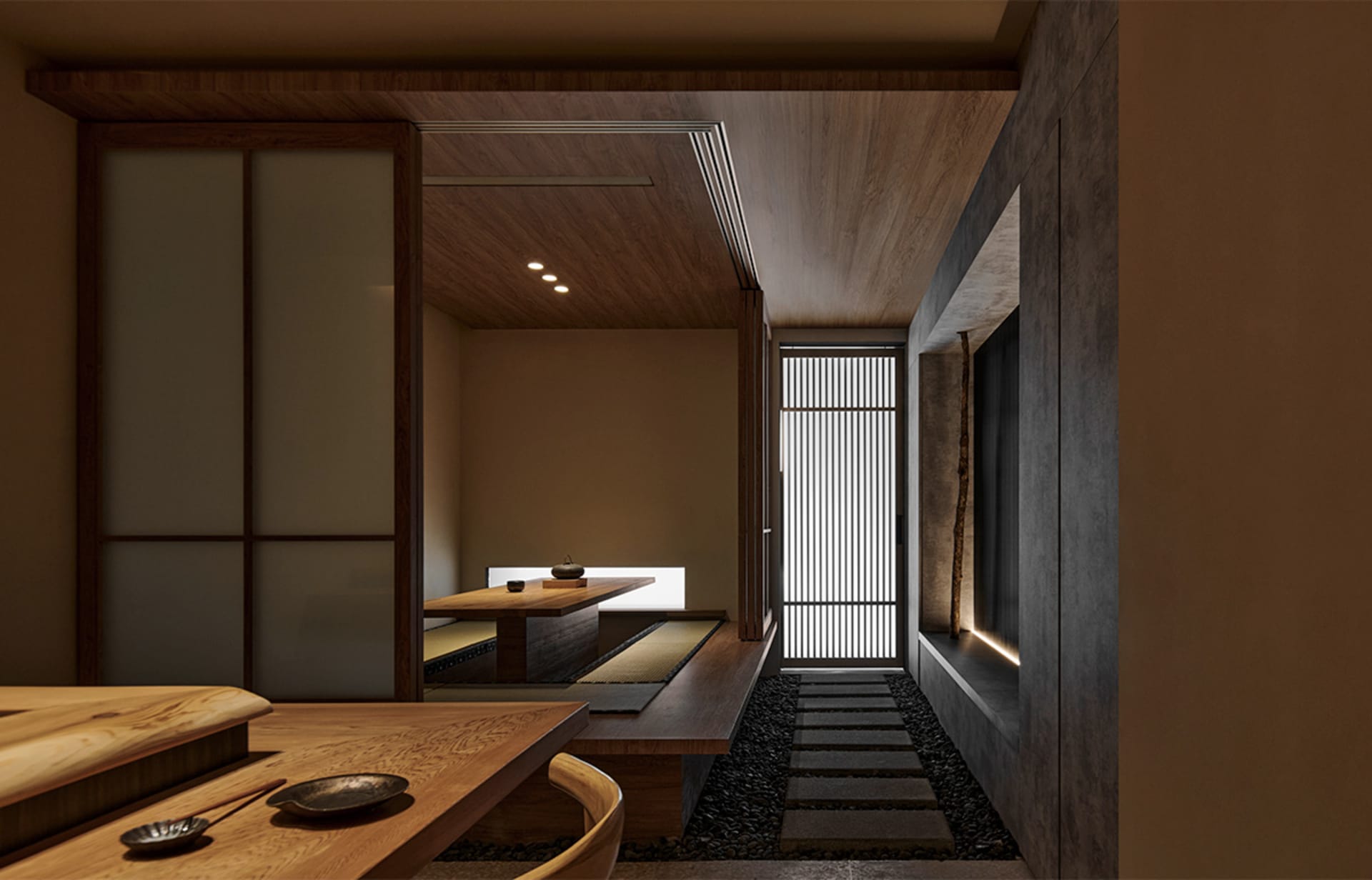 一間現代簡約的餐廳,搭配木質地板與家具,設有木製餐桌椅及推拉門。
