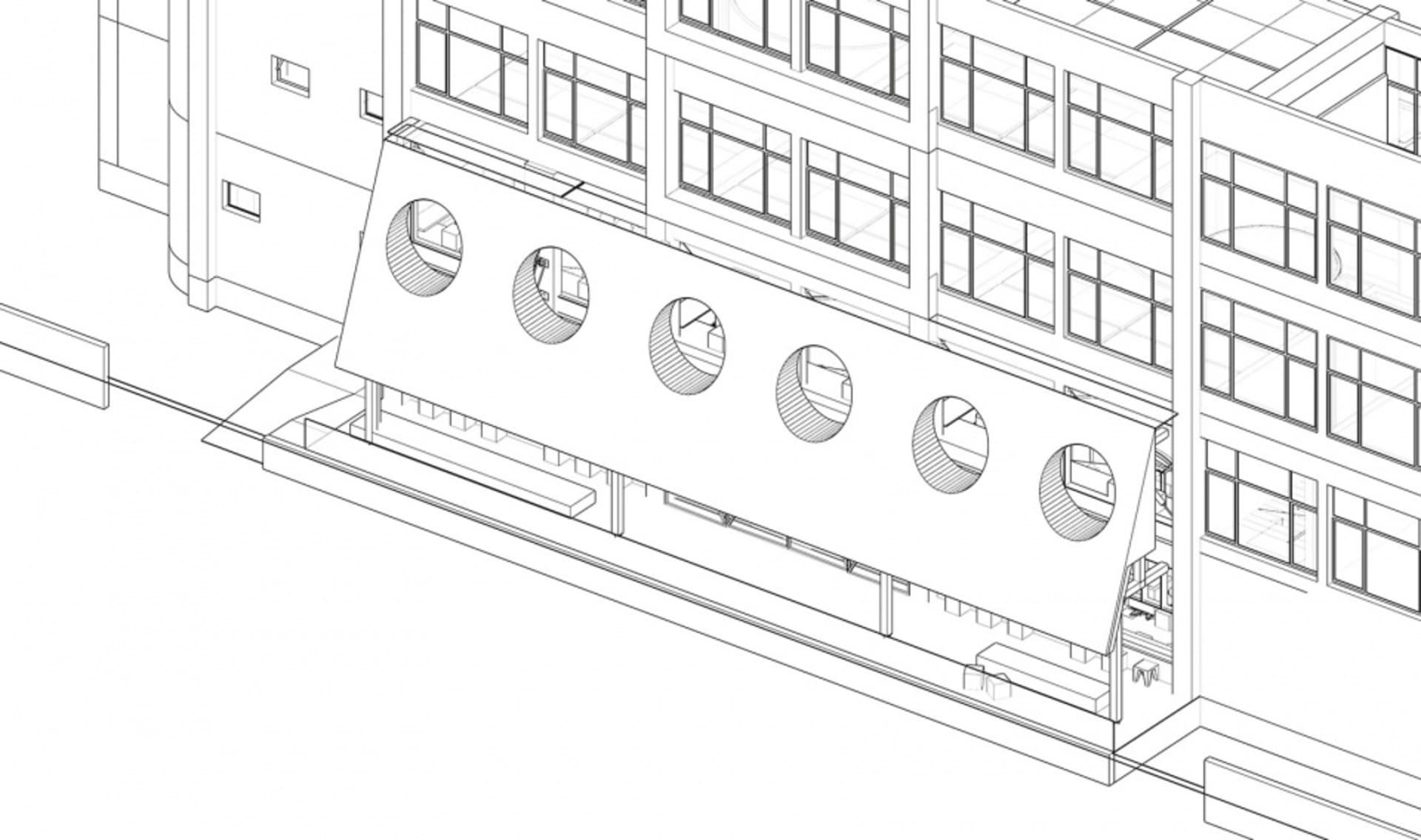 Black and white diagram of a building with a steel skeleton.