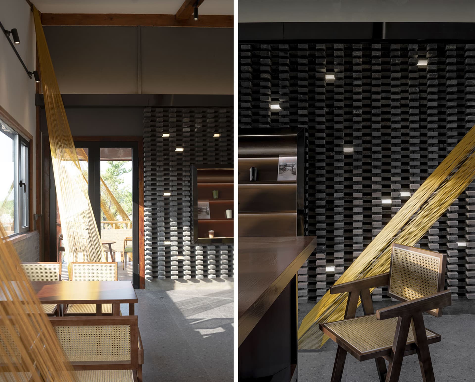 Modern interior design featuring wooden furniture and walls.