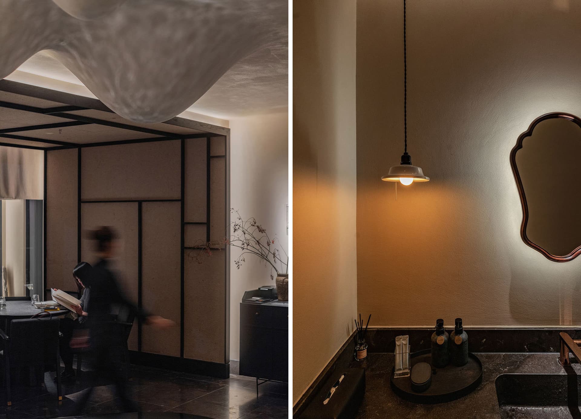 A modern restaurant interior with minimalist design elements, featuring wooden partitions, metal accents, concrete floor, and