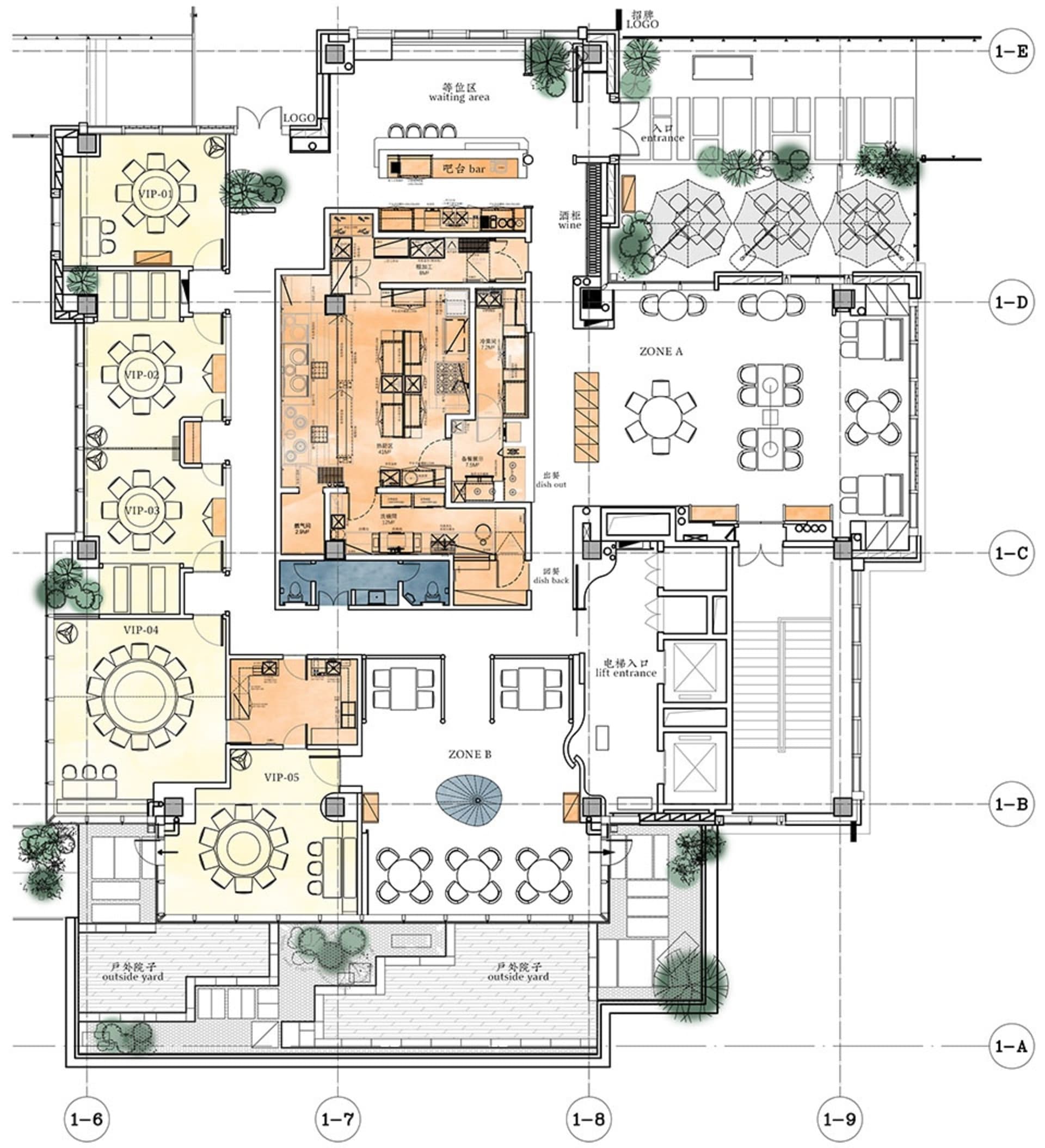詳細的餐廳建築平面圖，展示多個用餐區域、VIP區、吧台以及戶外座位