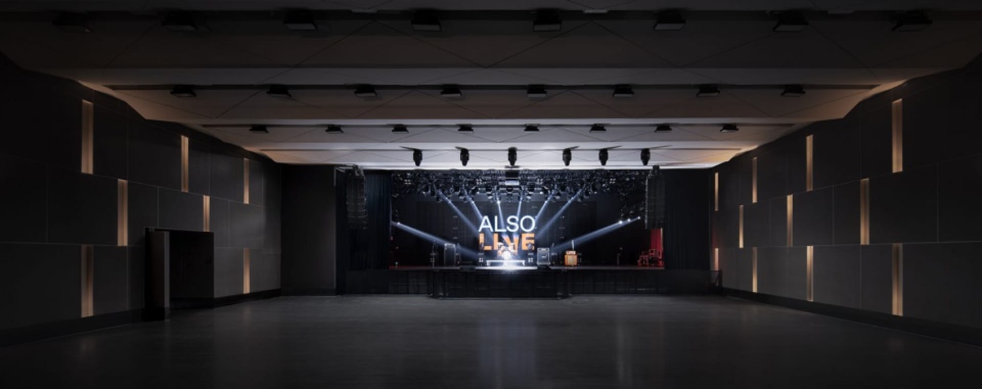 A modern concert hall with a dark interior and black lighting capitals.