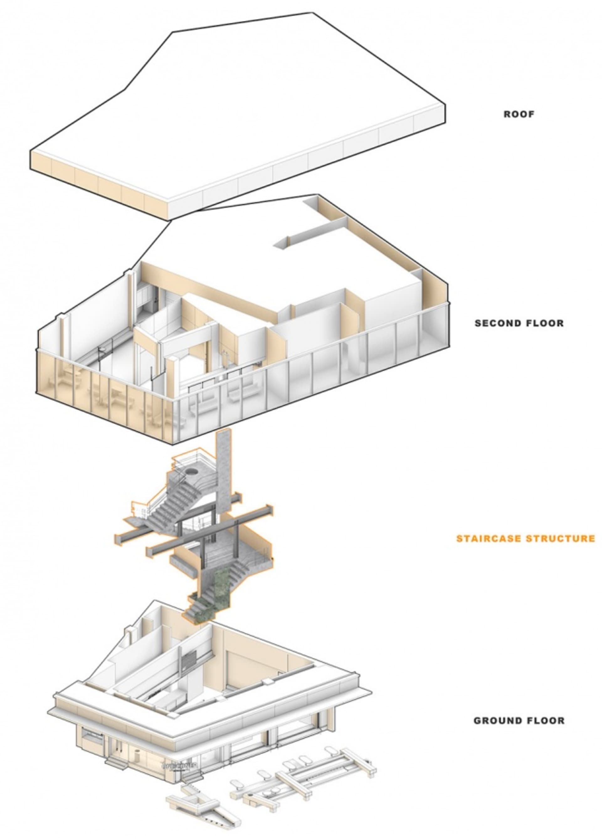 現代室內的剖面建築圖,呈現混凝土、玻璃與木質元素。