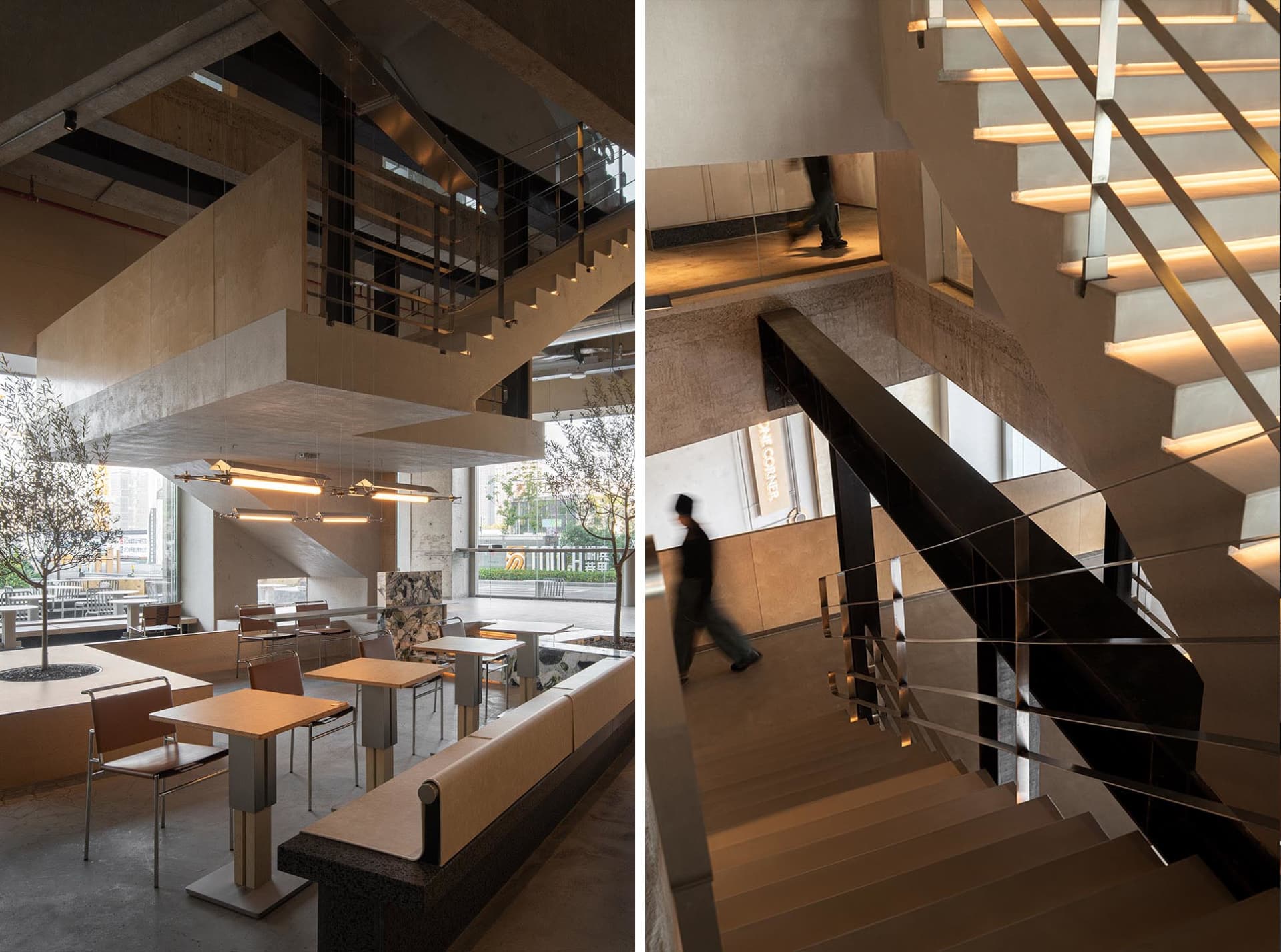 Interior of a modern industrial restaurant featuring concrete, glass, and steel materials.