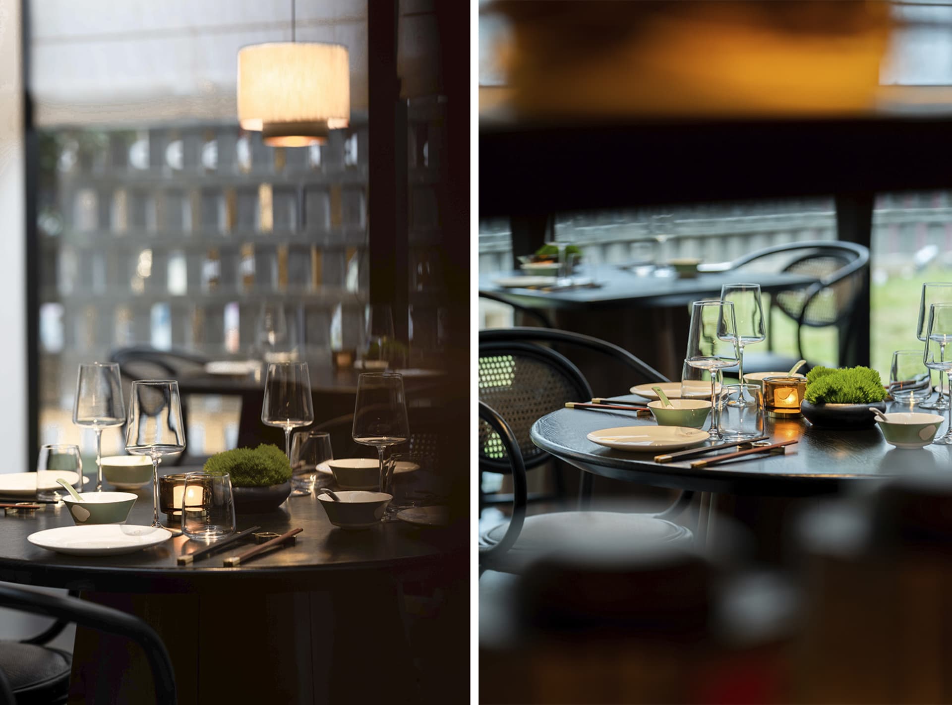 A modern restaurant interior with contemporary lighting fixtures.
