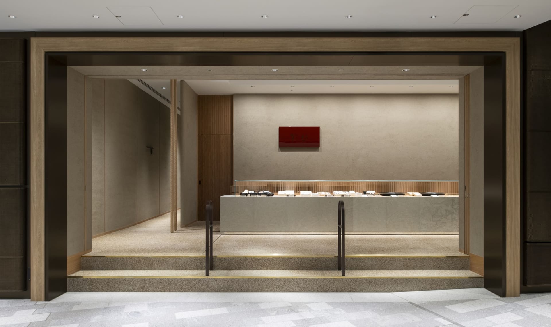 An elegant, minimalist entryway in modern office interior design, featuring a wooden and concrete design.