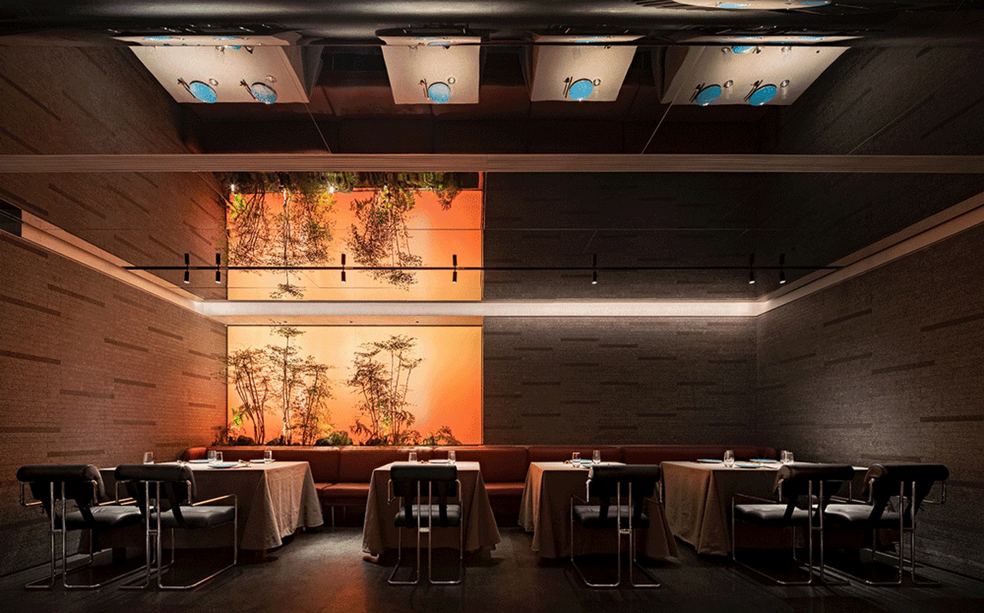 Modern restaurant interior with brick and glass materials