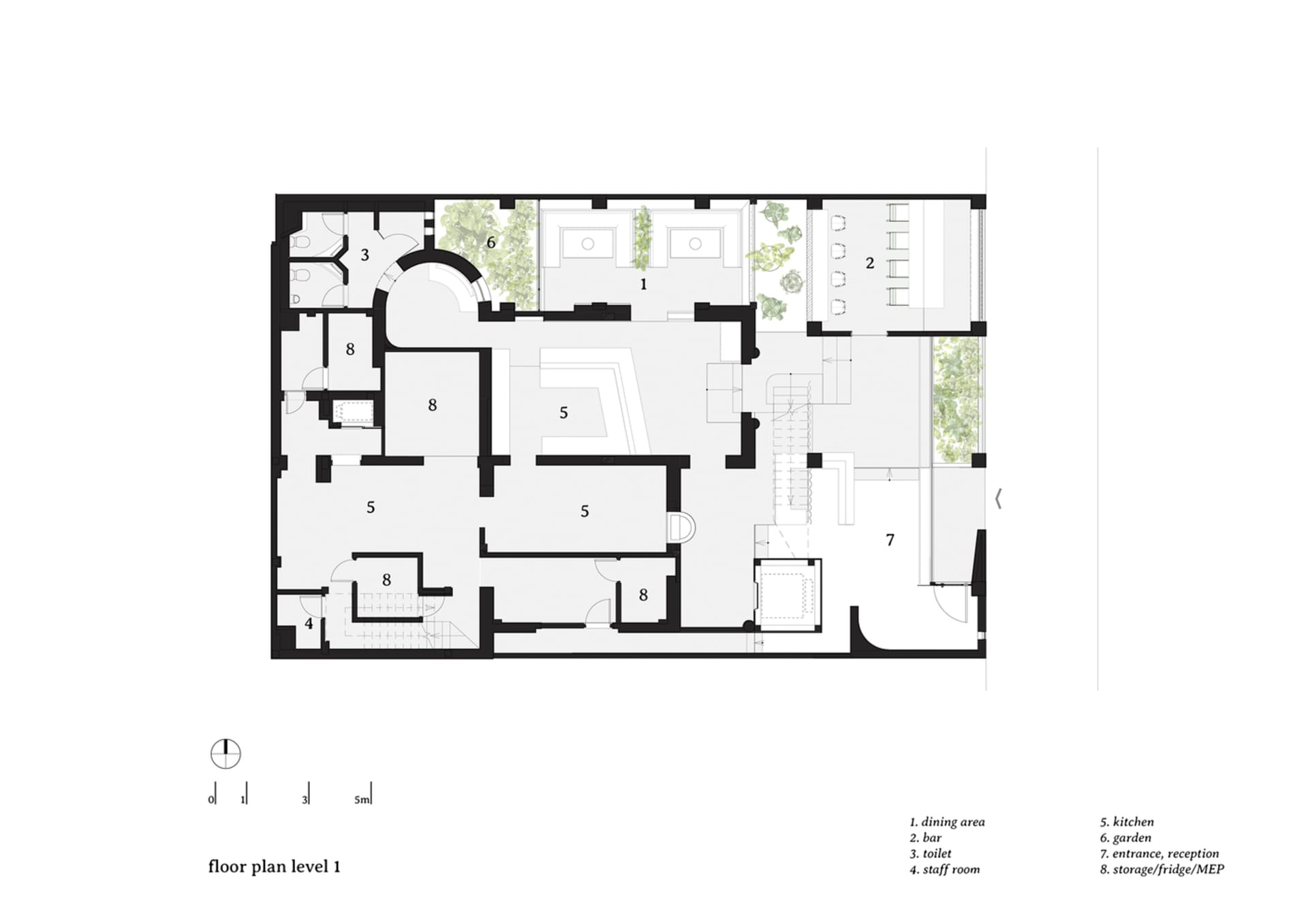 Floor plan of an office space with designated areas for dining, bar, toilet, staff room, kitchen, garden, entrance/reception,