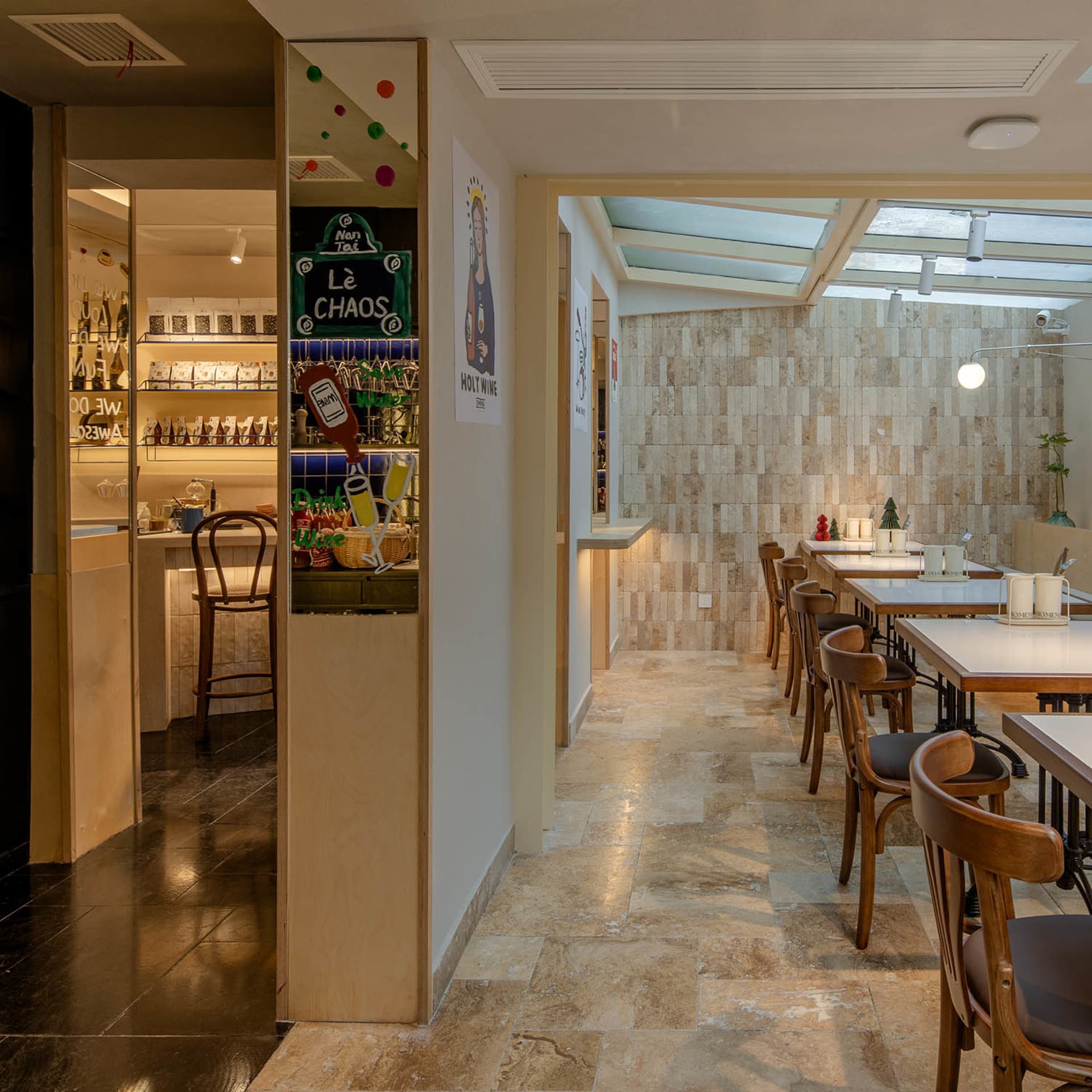Modern restaurant interior with tile floors and wooden furniture, showcasing contemporary design elements and cozy atmosphere