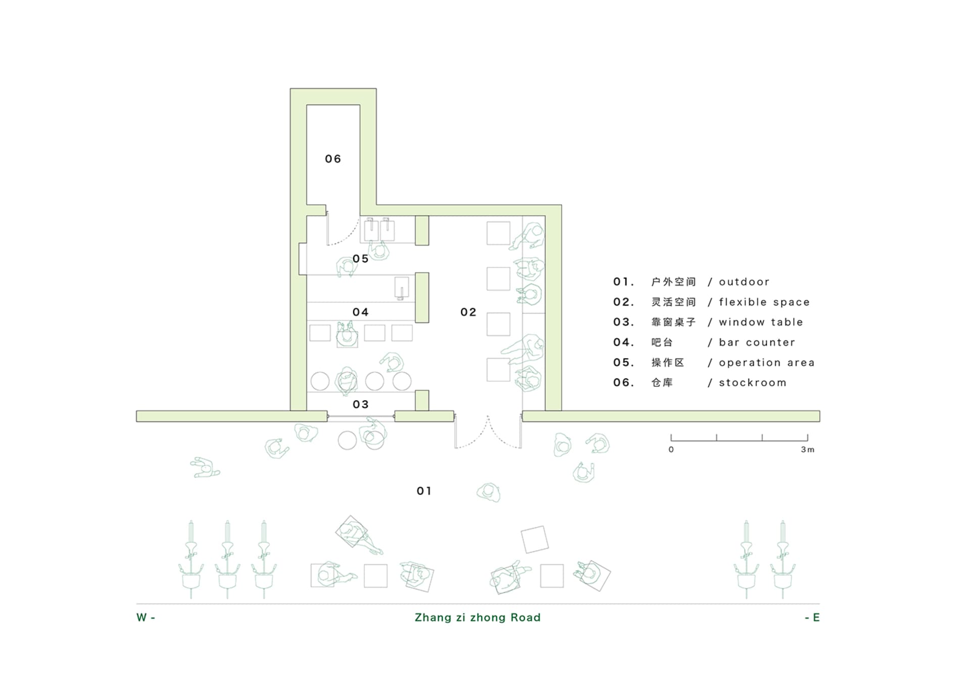 A detailed floor plan depicting the layout and organization of a bar-cafe integrated space.