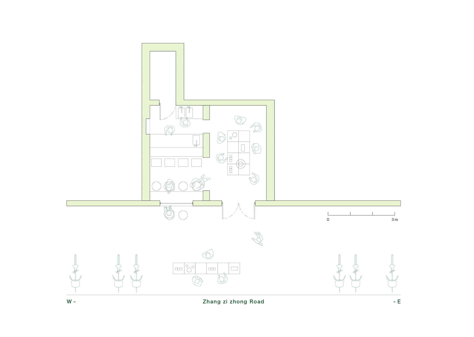 Floor plan of a cafeteria layout, including seating arrangements and functional zones.