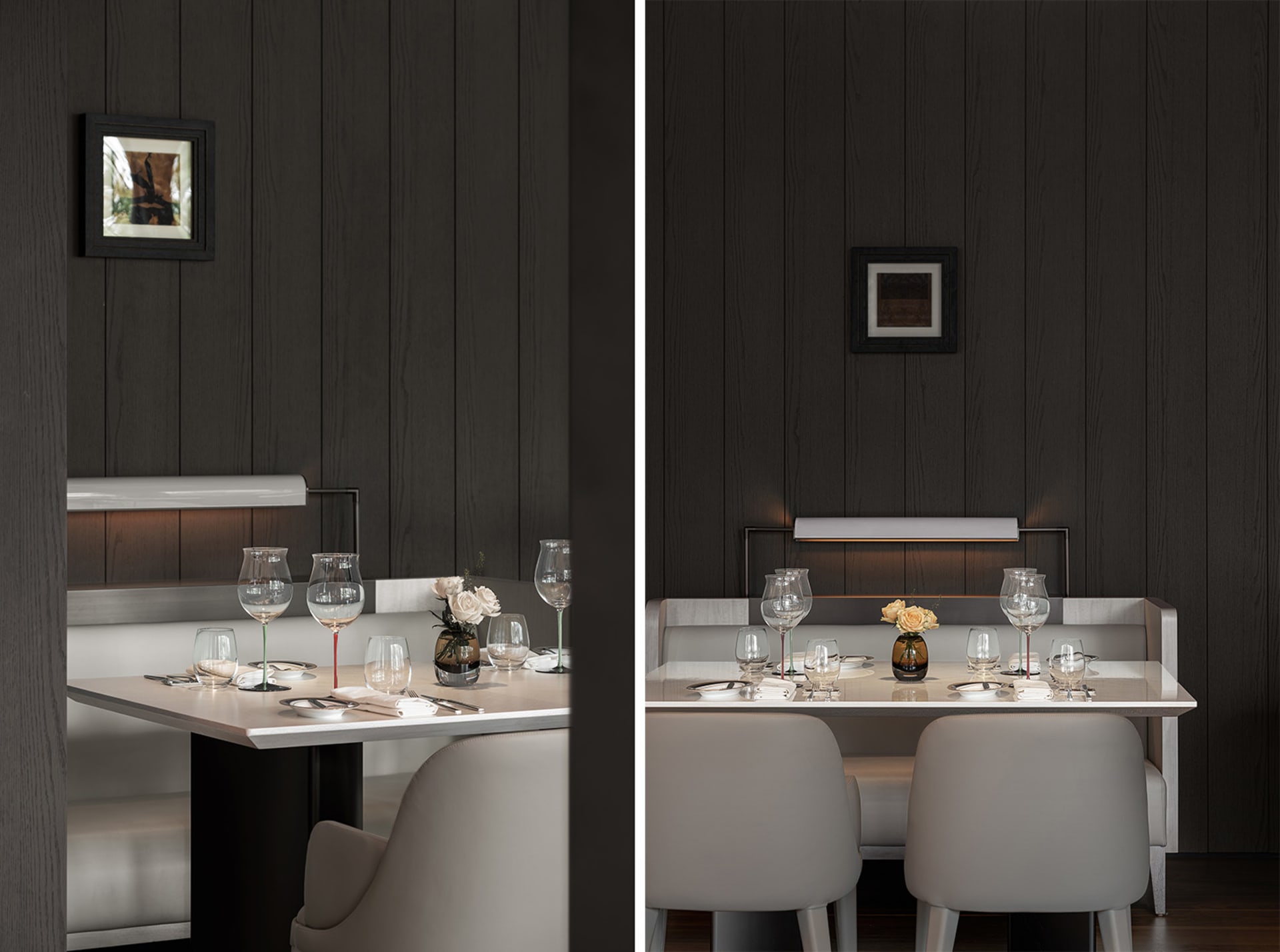 A modern restaurant interior with a white table setting on a wooden surface.