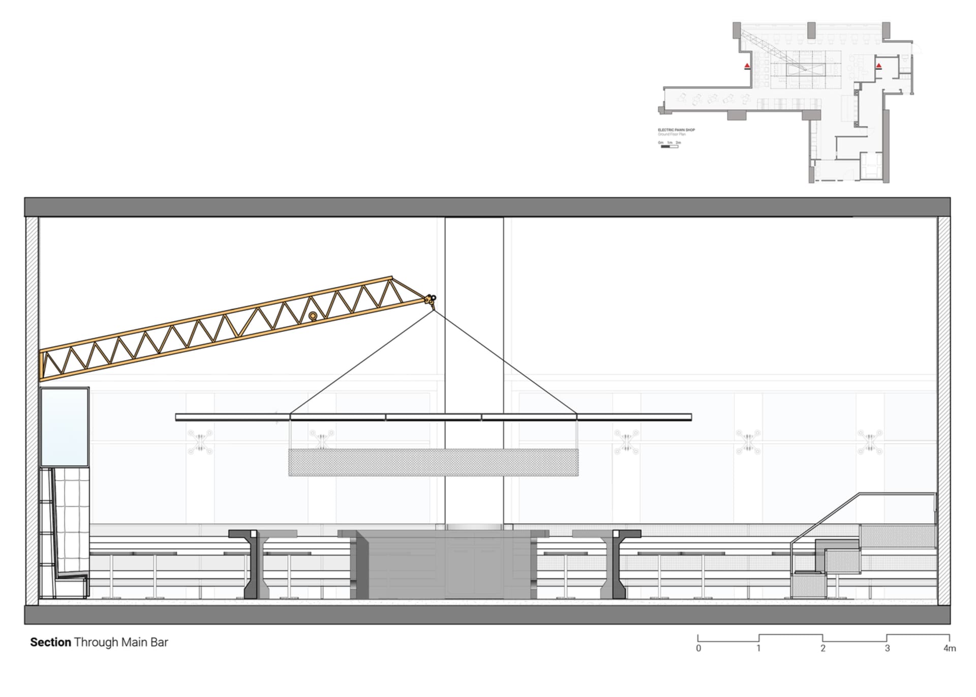 Section drawing of a modern bar with a steel support beam.
