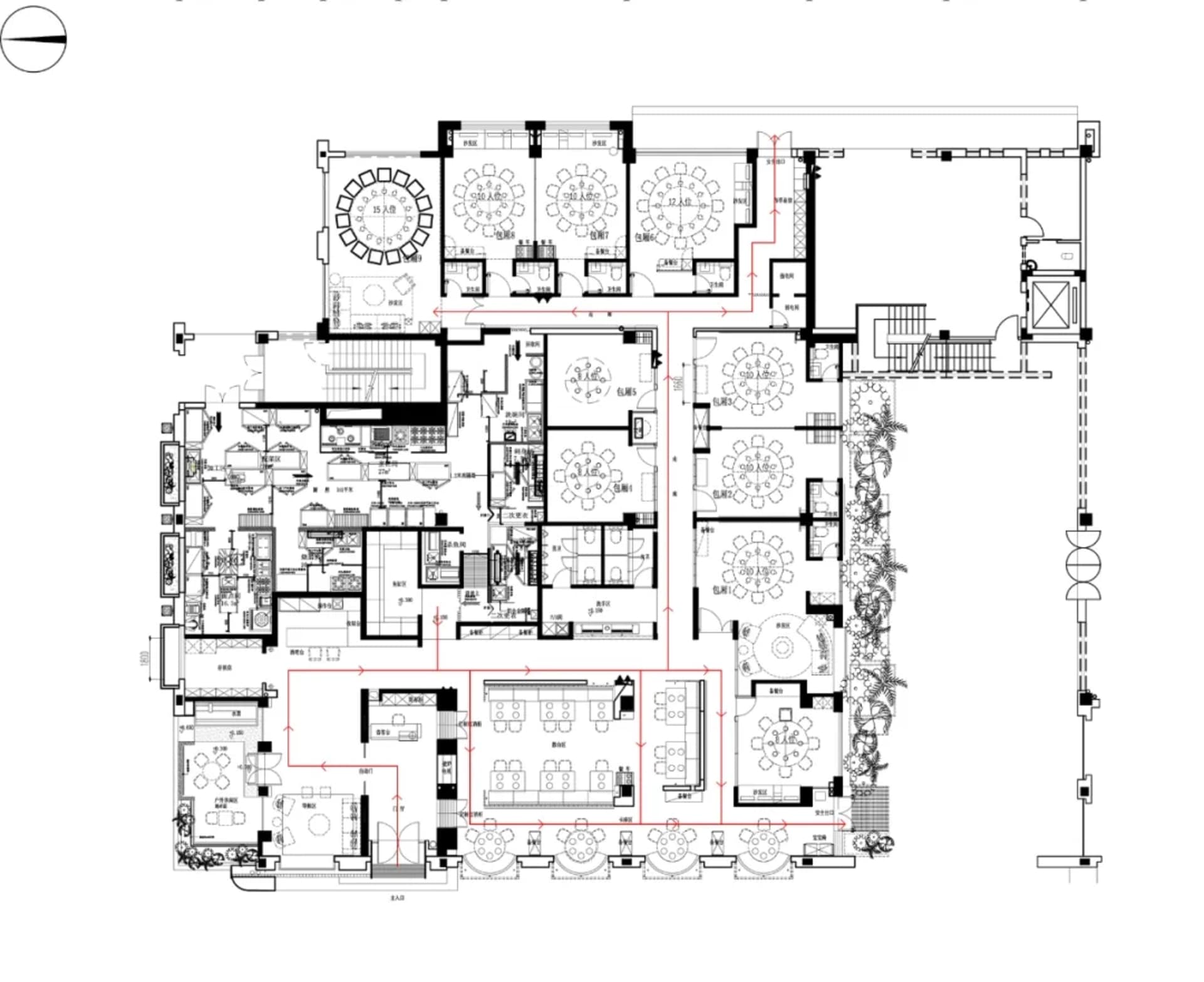 An architectural floor plan of a modern restaurant depicting various dining areas, seating arrangements, and kitchen layouts.
