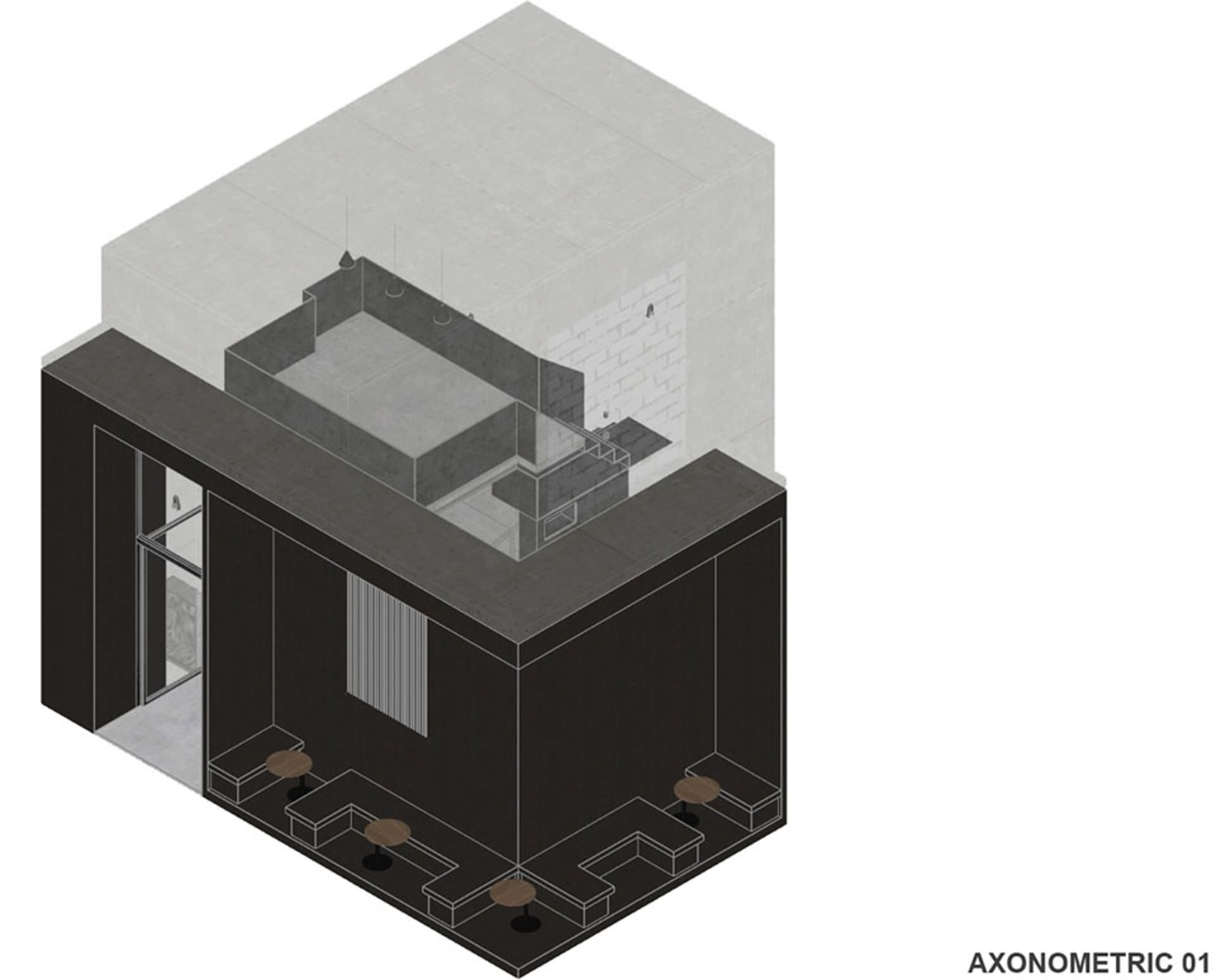 Axonometric view of a modern residential cafe interior with concrete walls and floors.