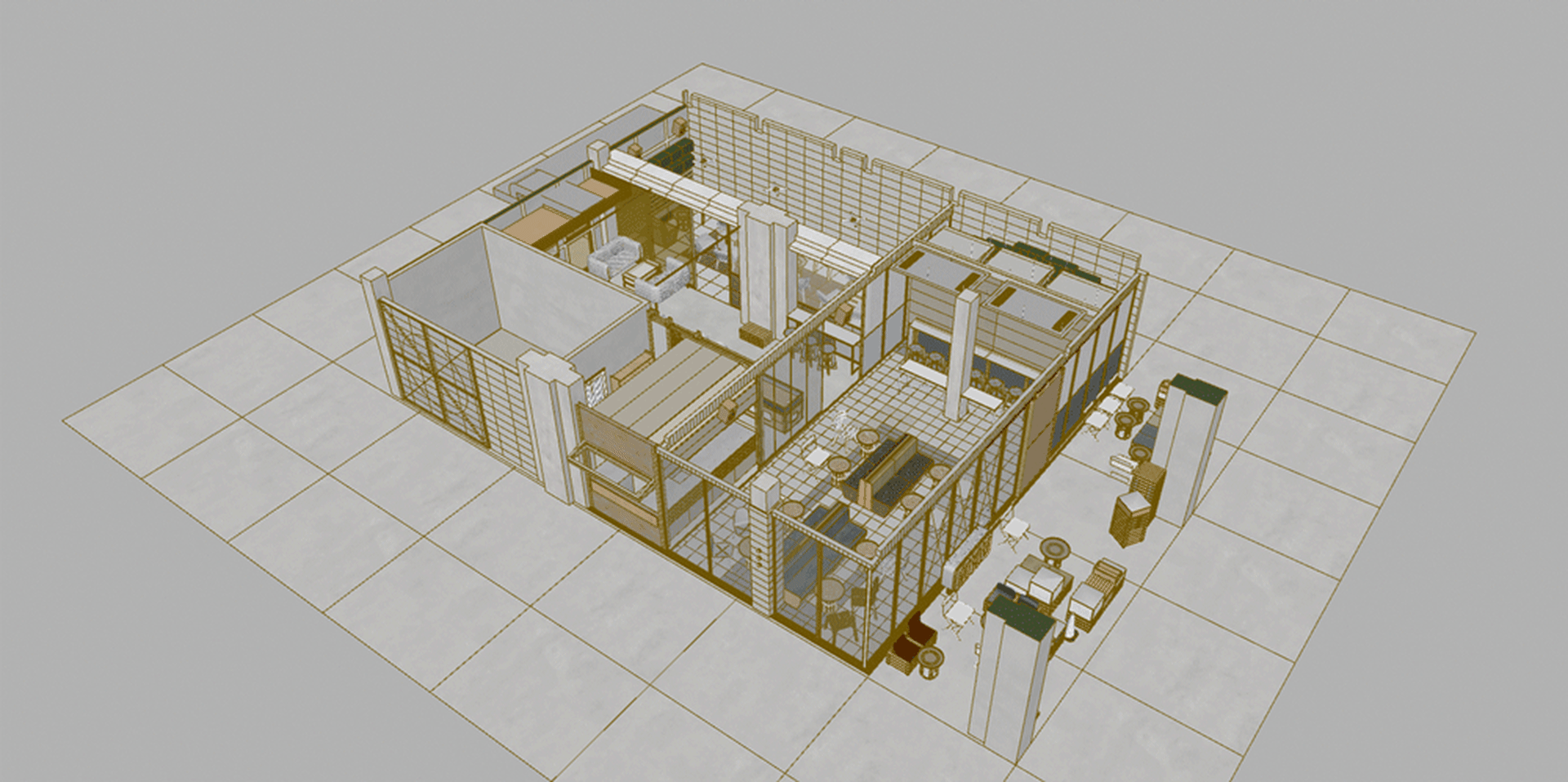 Industrial-style office space with metal-framed walls and open-plan layout.