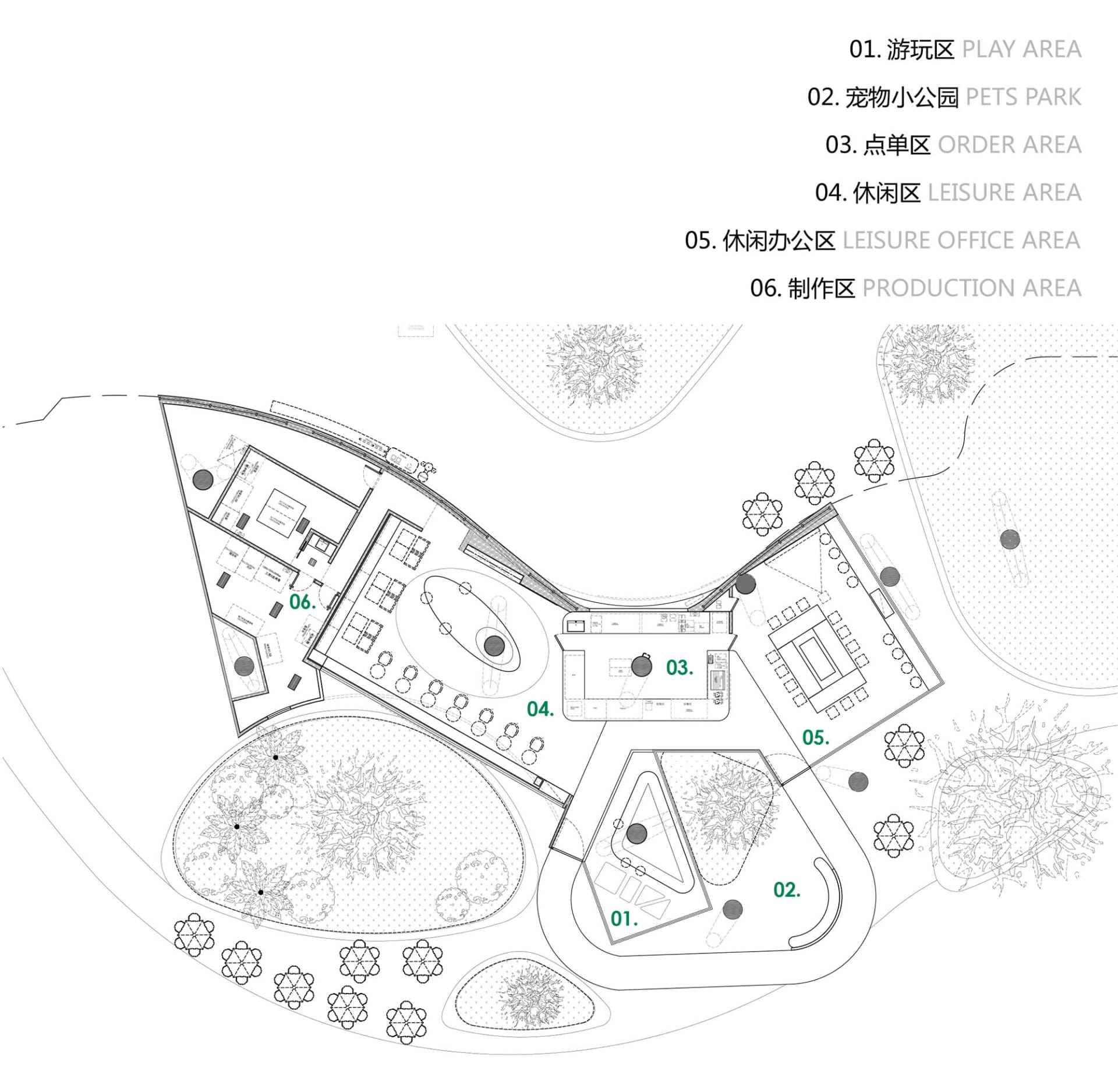 遊樂場的建築平面圖,展示各種功能分區。