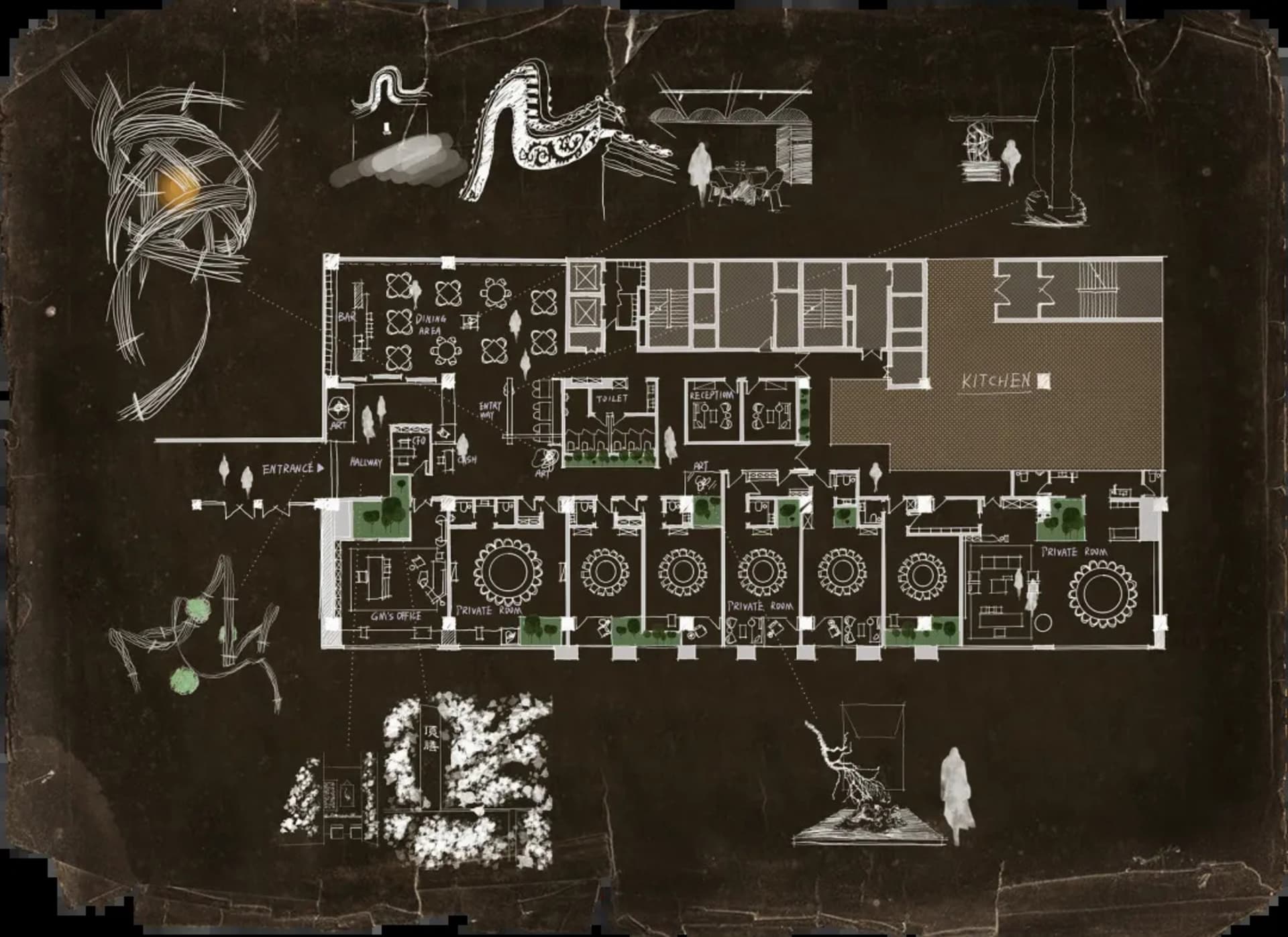 Floor plan of a modern restaurant layout drawn on paper.