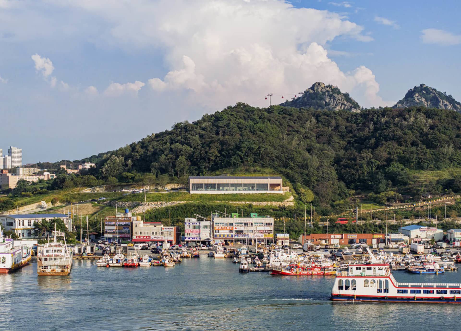 A harbor with boats nestled between a large body of water and a lush green mountain hillside with a blue sky and clouds in th