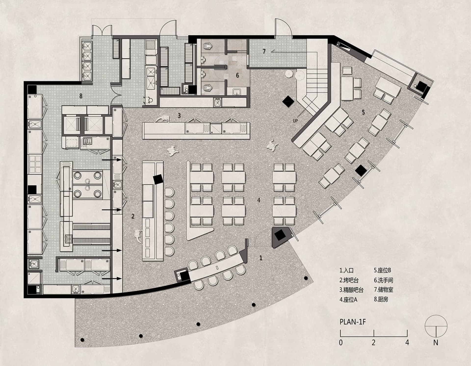 現代公共空間的建築平面圖,包含座位區、服務櫃檯與衛浴設施。