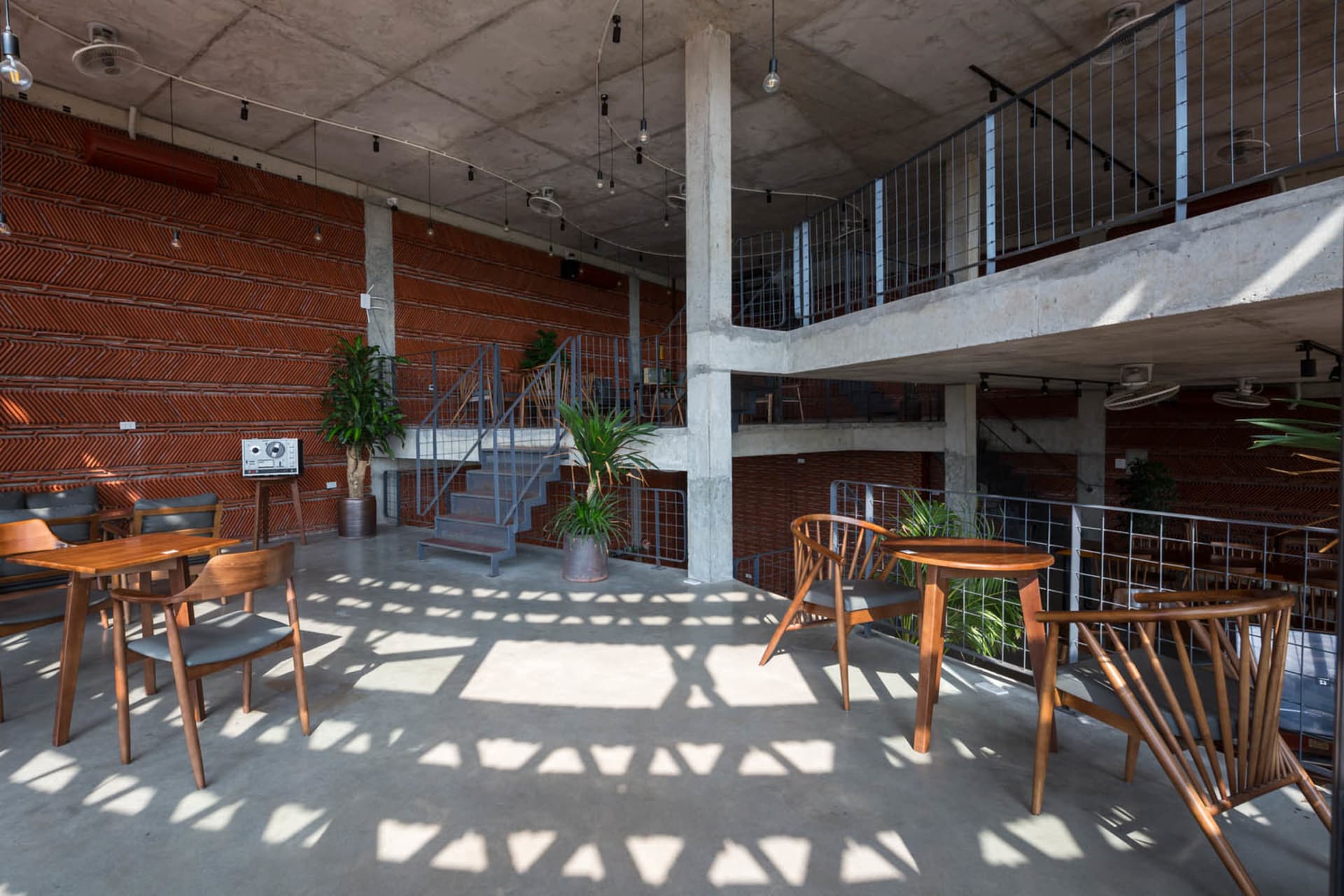 Modern industrial coffee shop with concrete walls, wooden furniture, and plants