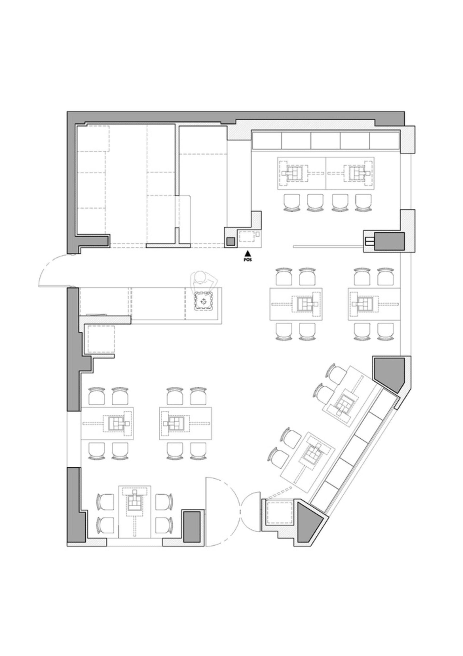 一張現代辦公室空間配置的詳細2D建築圖。