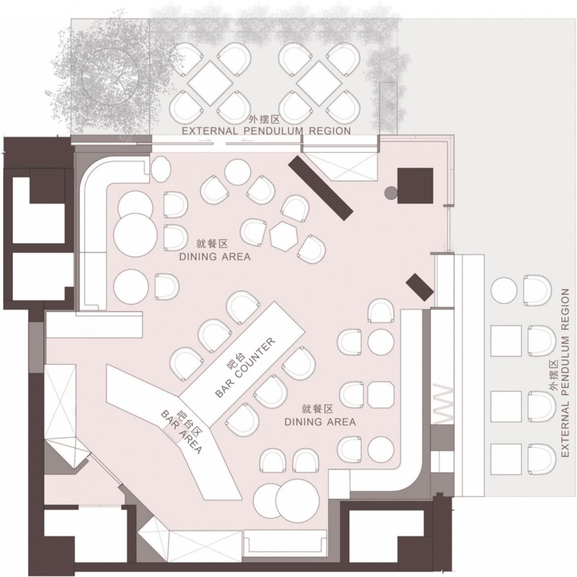 Floor plan of a restaurant showing dining area, bar counter, and external pendulum regions.