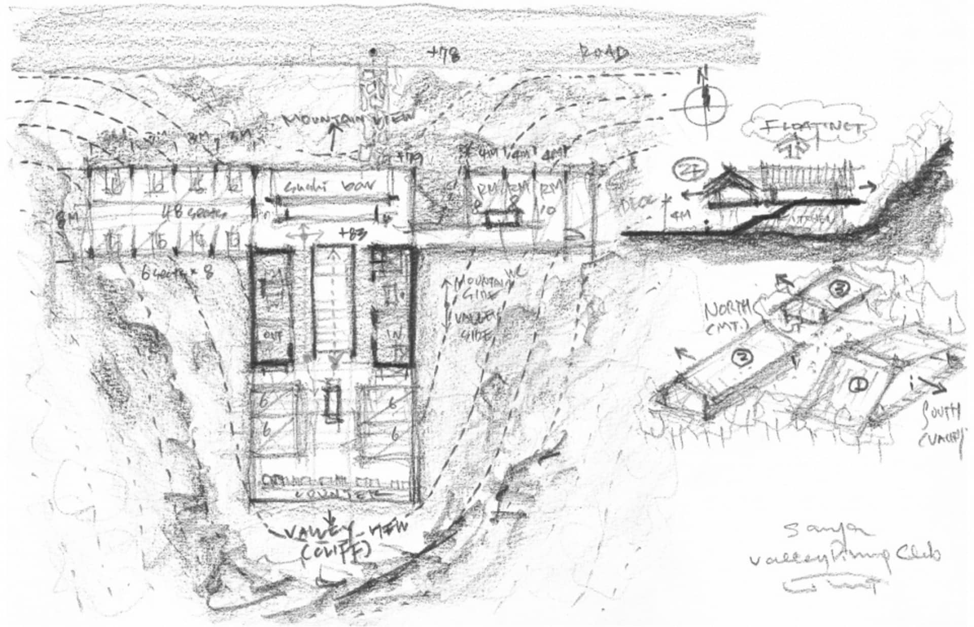 黑白建築平面圖草稿,標註各項尺寸、視野與方向