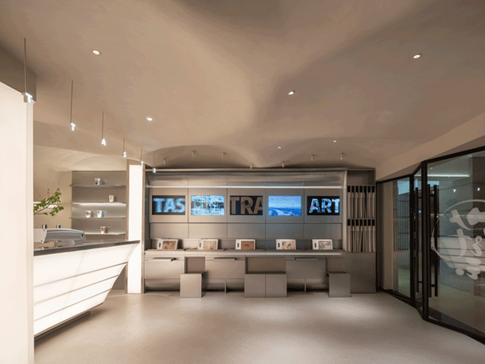 A well-lit, modern storefront with a minimalist design and neutral color palette