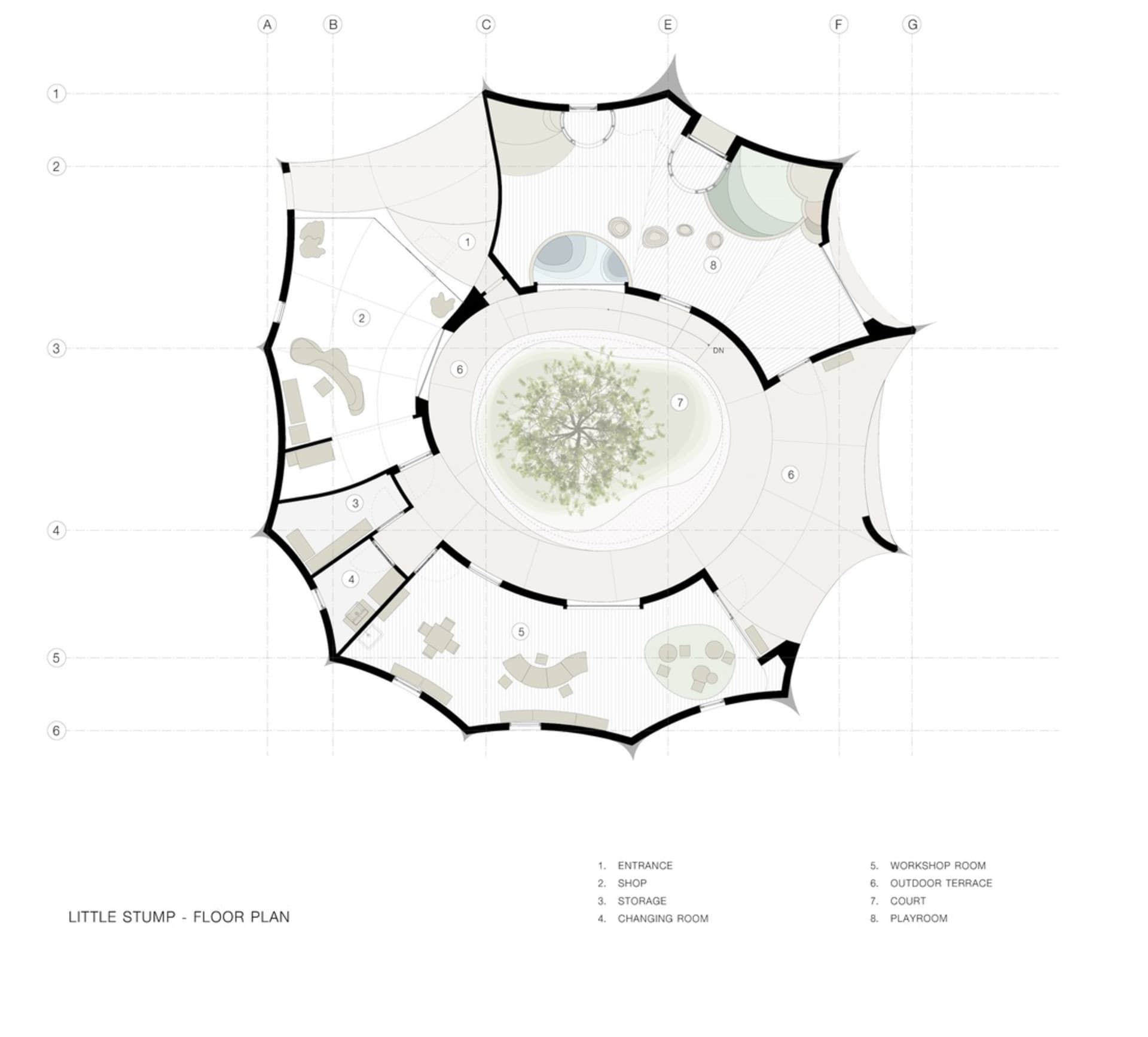 Circular building floor plan with central courtyard and various rooms and spaces.