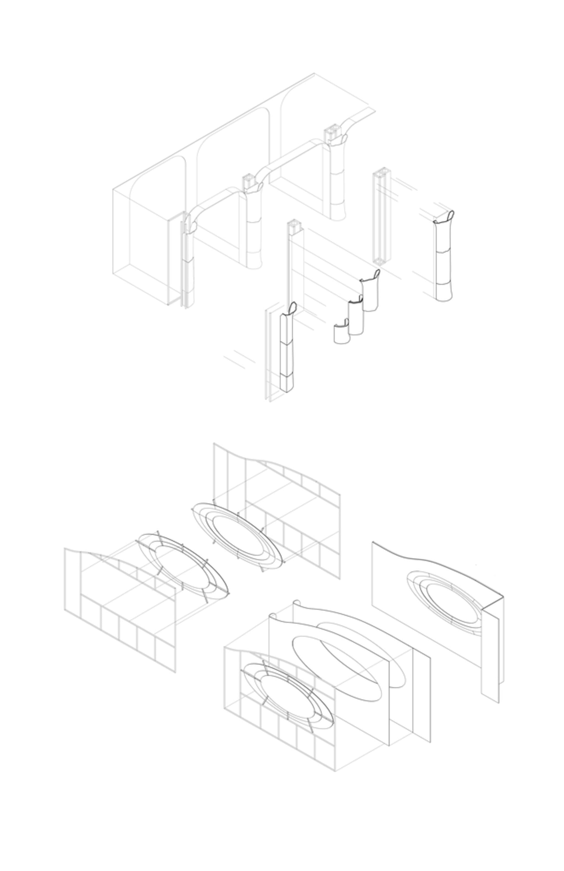 現代室內空間的建築插圖，展現金屬柱與結構元素。