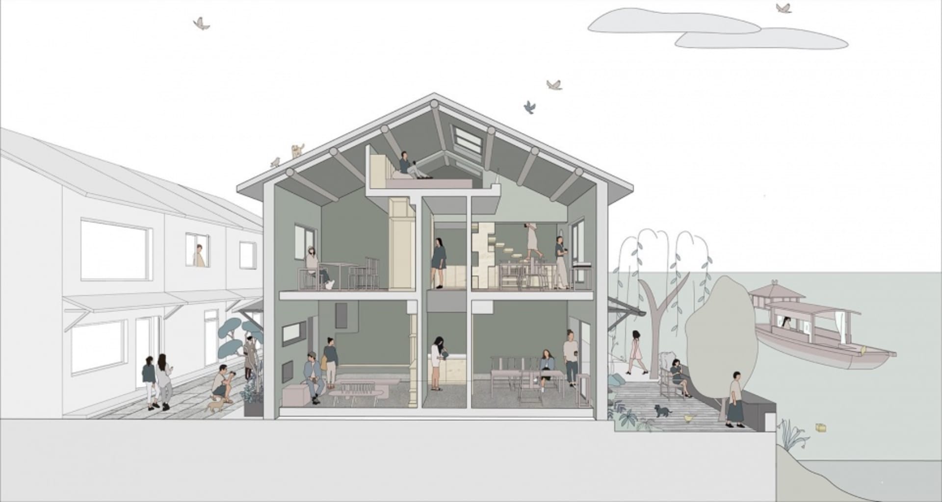 Modern residential building interior with multiple levels and open layout, featuring contemporary design elements and large w
