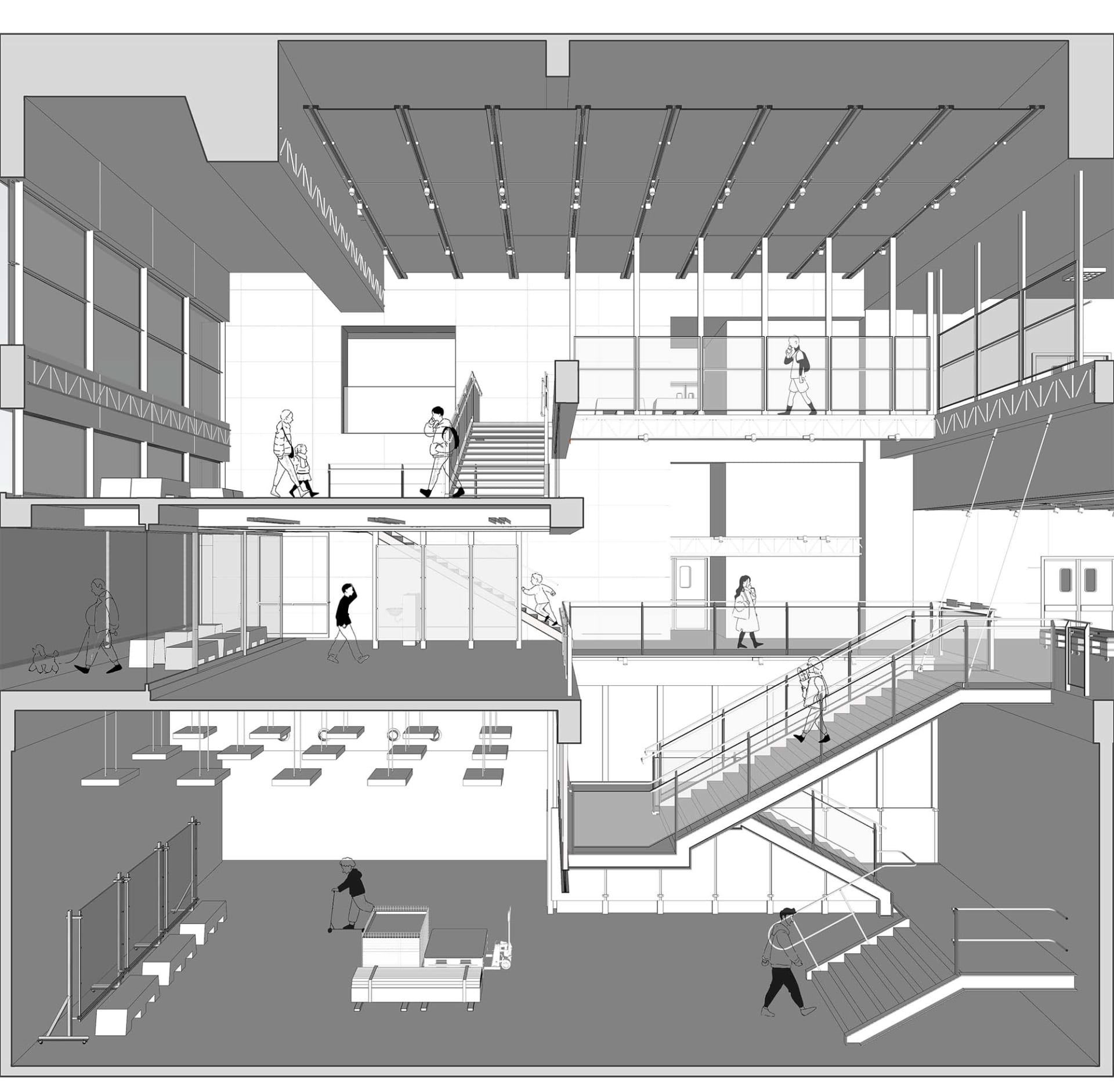 現代購物中心的細緻建築圖,採用玻璃、金屬與混凝土材質。