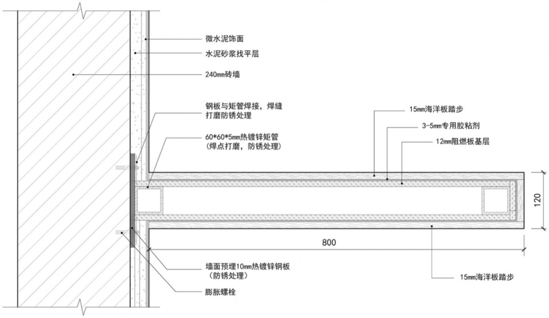 Detailed architectural section of a construction panel consisting of materials and components like microcement, concrete, ste