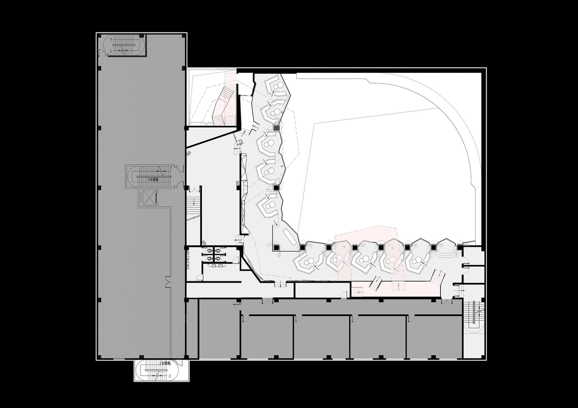 一張詳細的2D建築圖,描繪一個以混凝土材質與尺度為重點的現代室內空間。