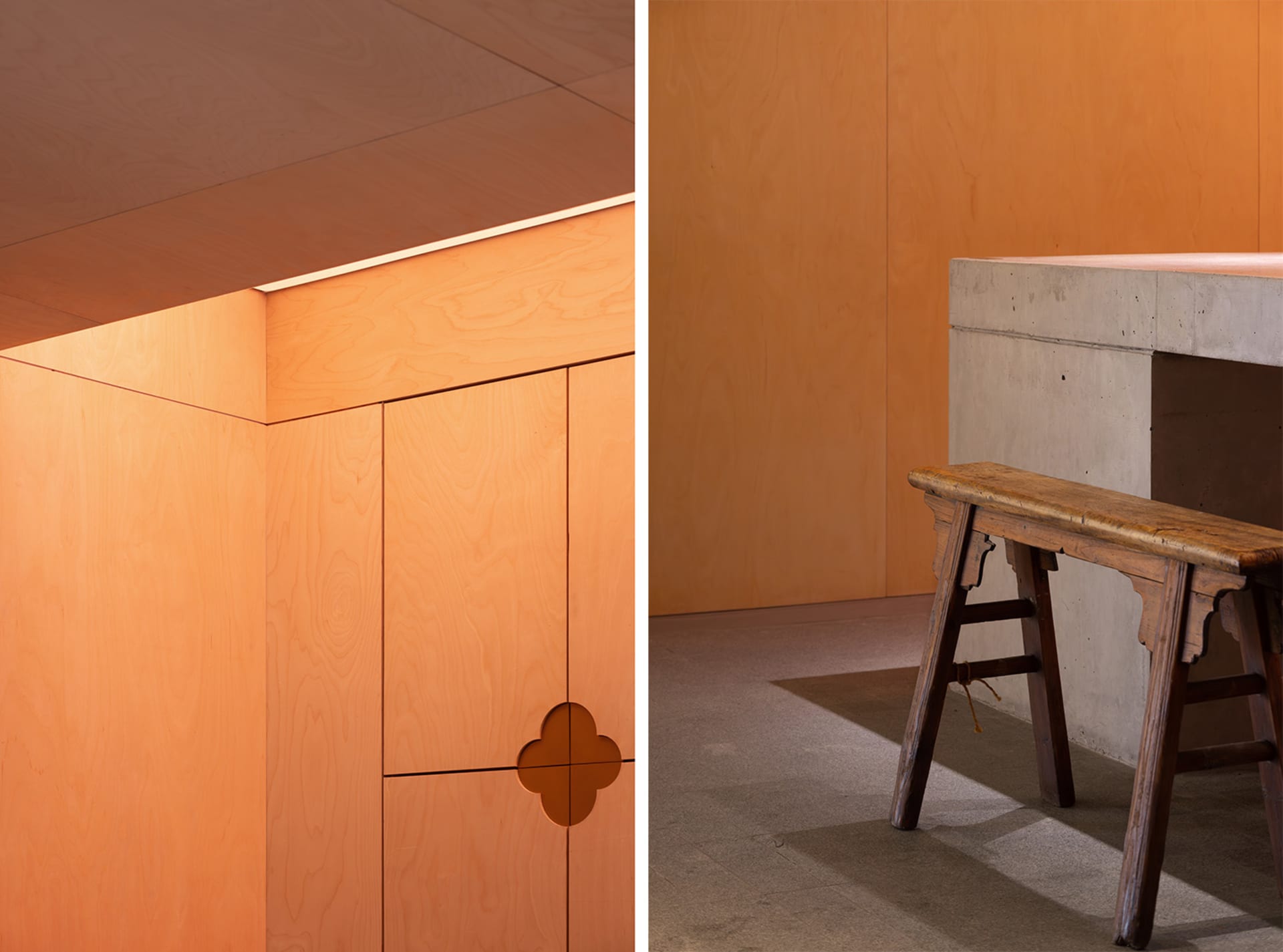 Contemporary interior space featuring wooden paneling and minimalist design elements.
