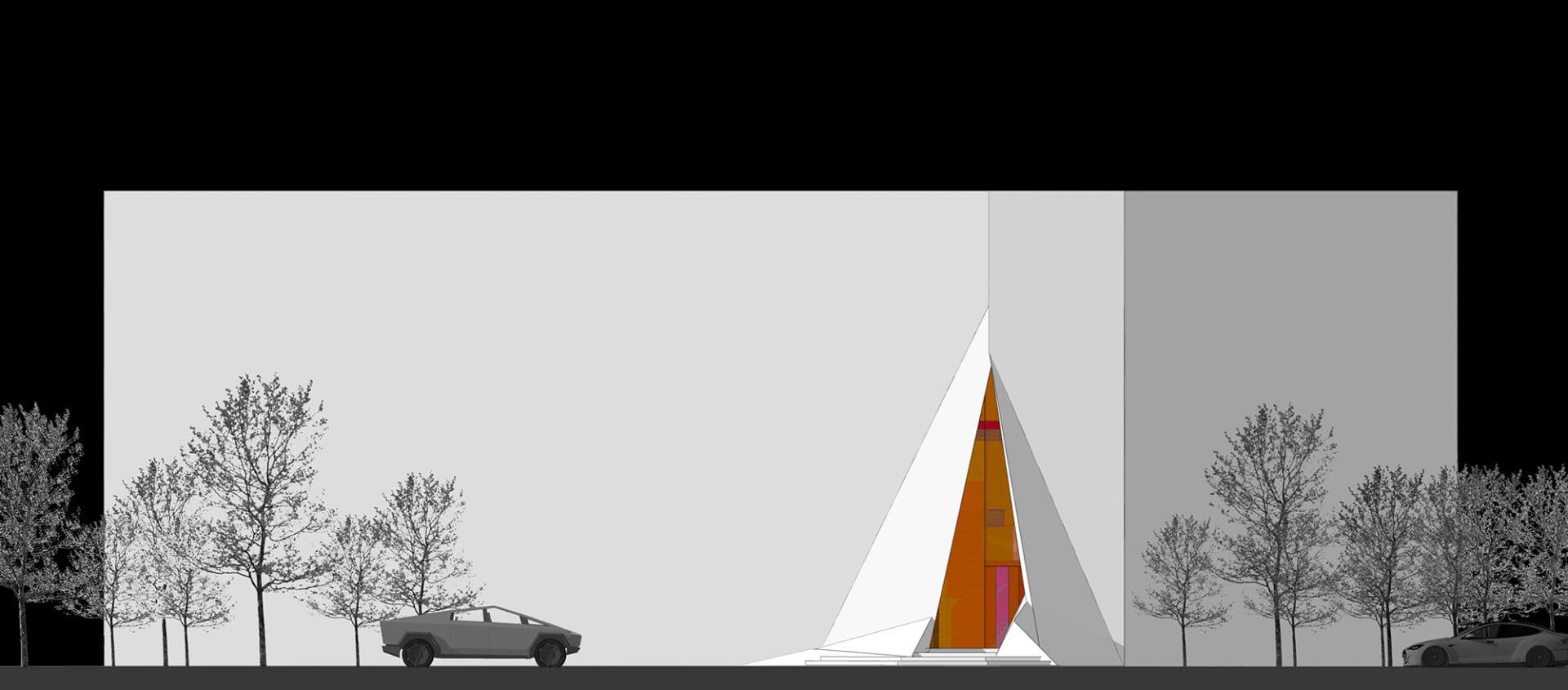 Architectural rendering depicting a minimalist design with geometric shapes.