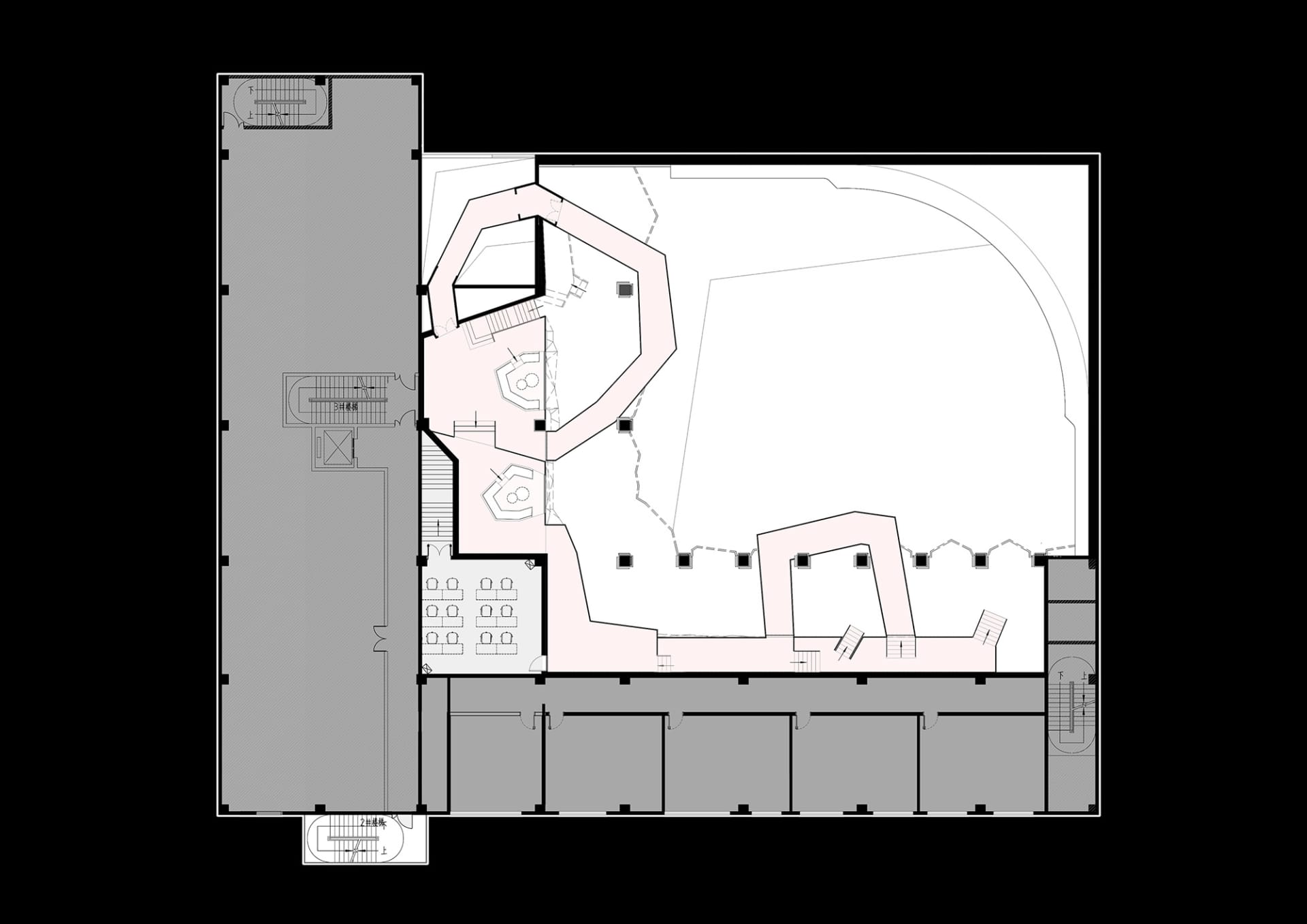Floor plan of a modern office space with conference areas, meeting rooms, and workstations.