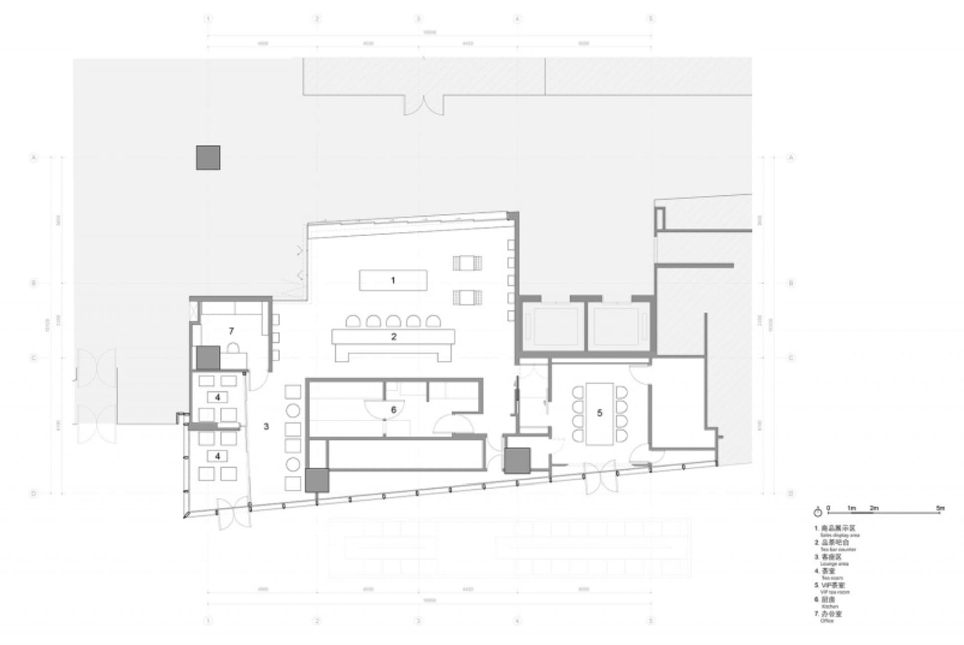 Floor plan of an office building showing offices, conference room, and interior design features.