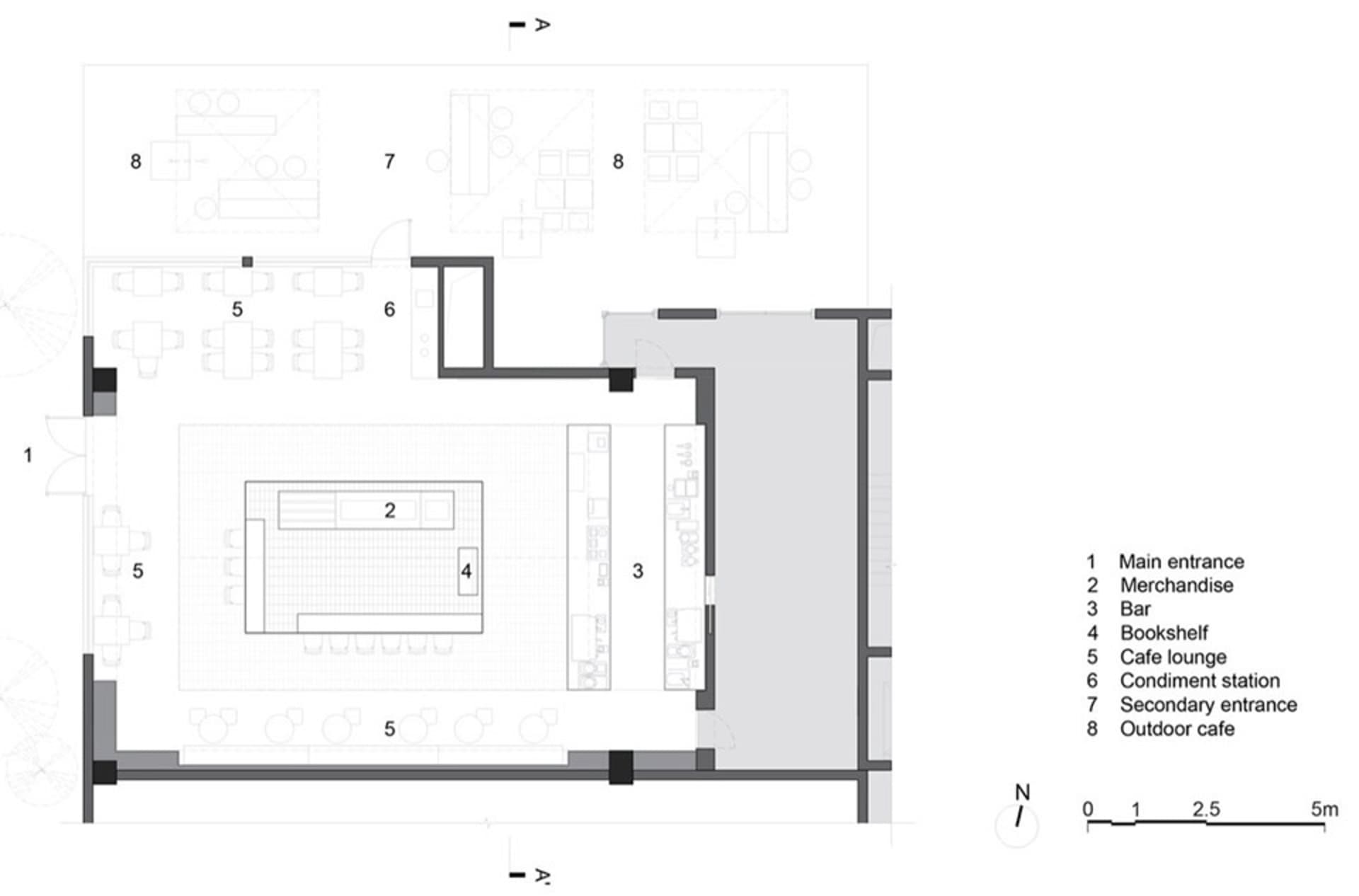 A modern commercial interior design with a neutral color palette and an open layout featuring a bar, cafe lounge, and bookshe