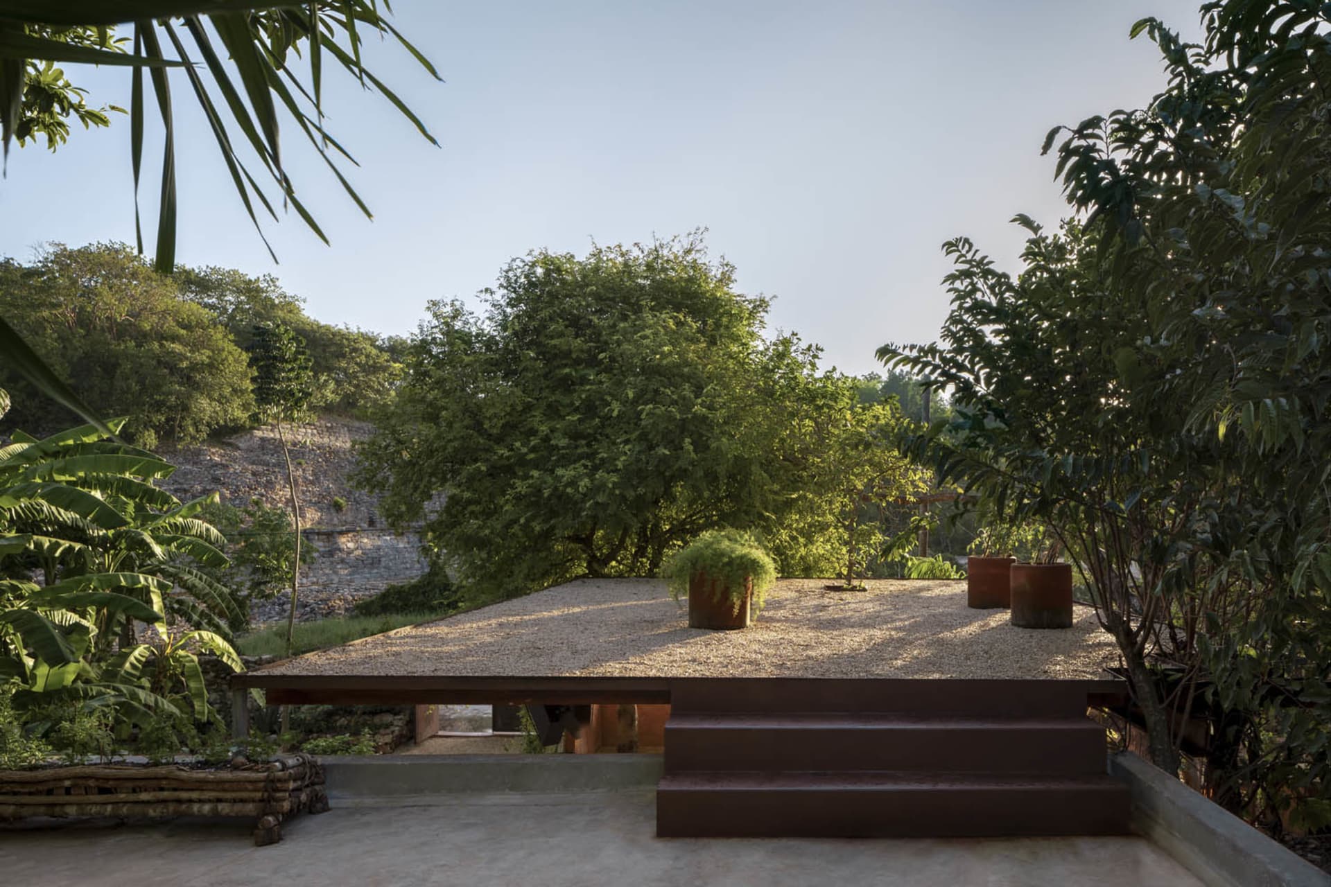 A modern landscaped garden featuring leaves, gravel, and wooden elements.