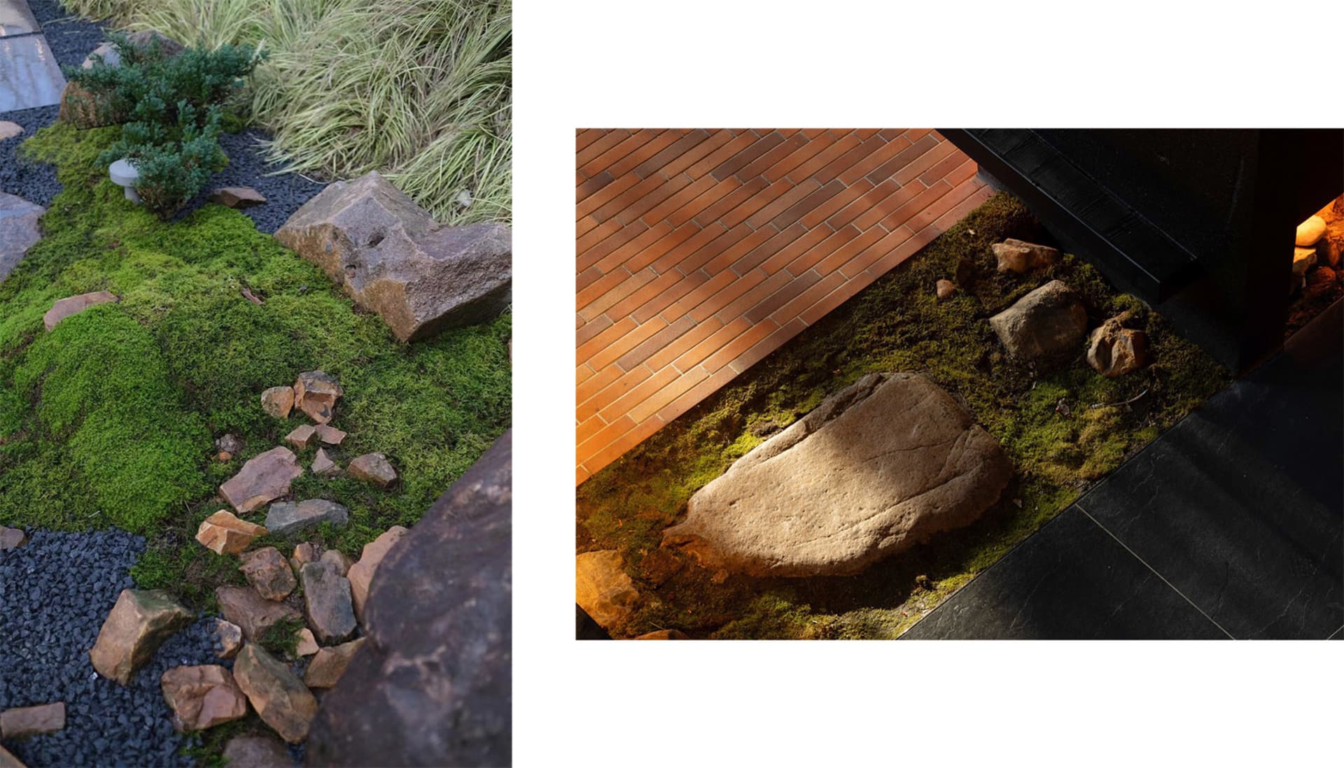 Modern landscaping design featuring rocks, moss, and gravel.