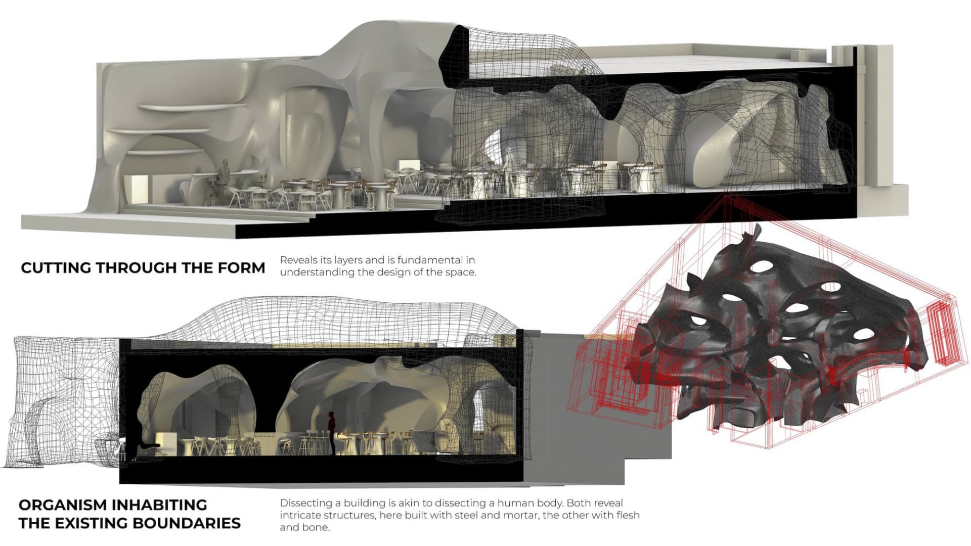 Sectional view of an architectural interior showing the layers and design of the space.