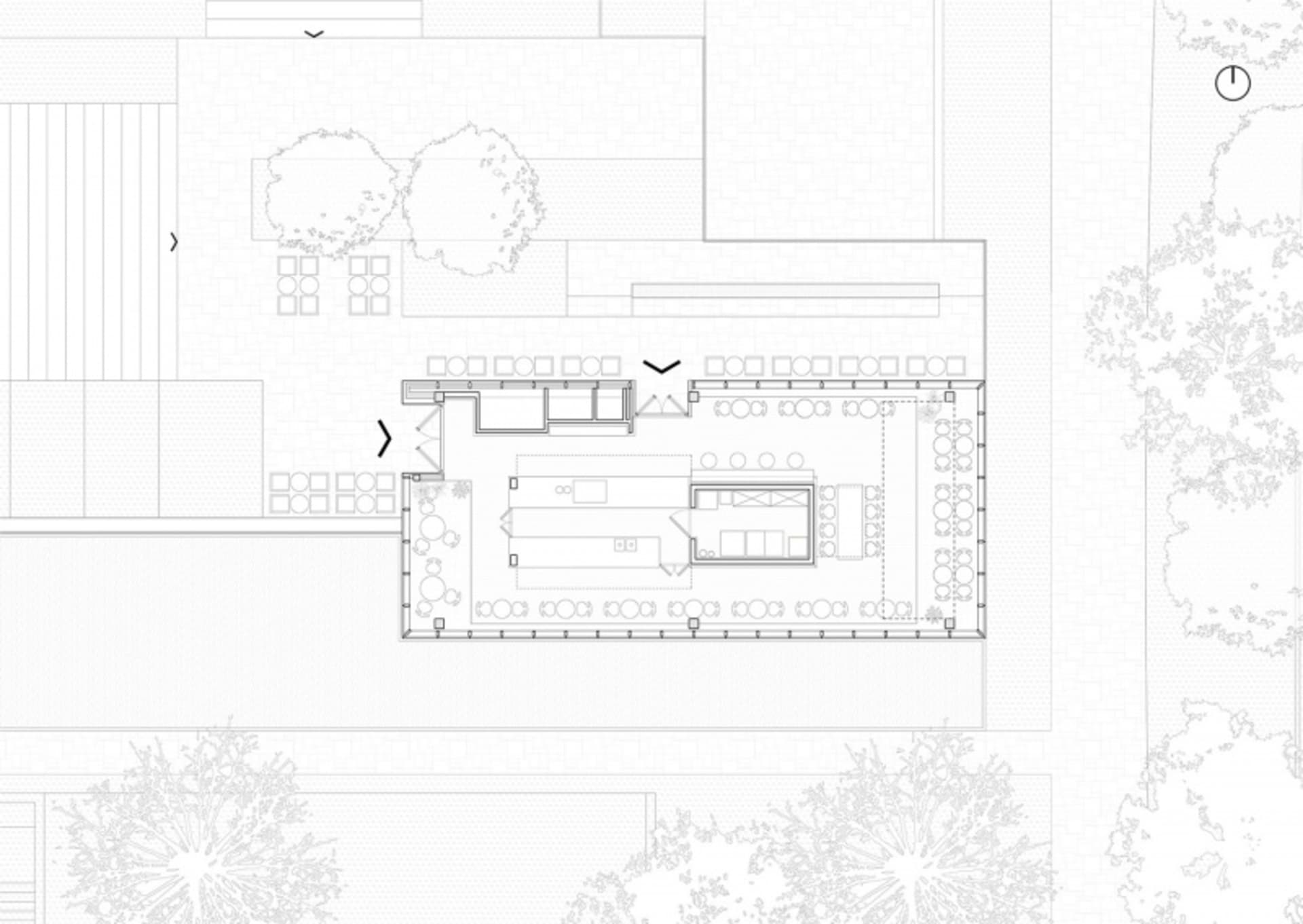 A detailed architectural floor plan of a modern office space designed with midcentury influences and depicted in white paper