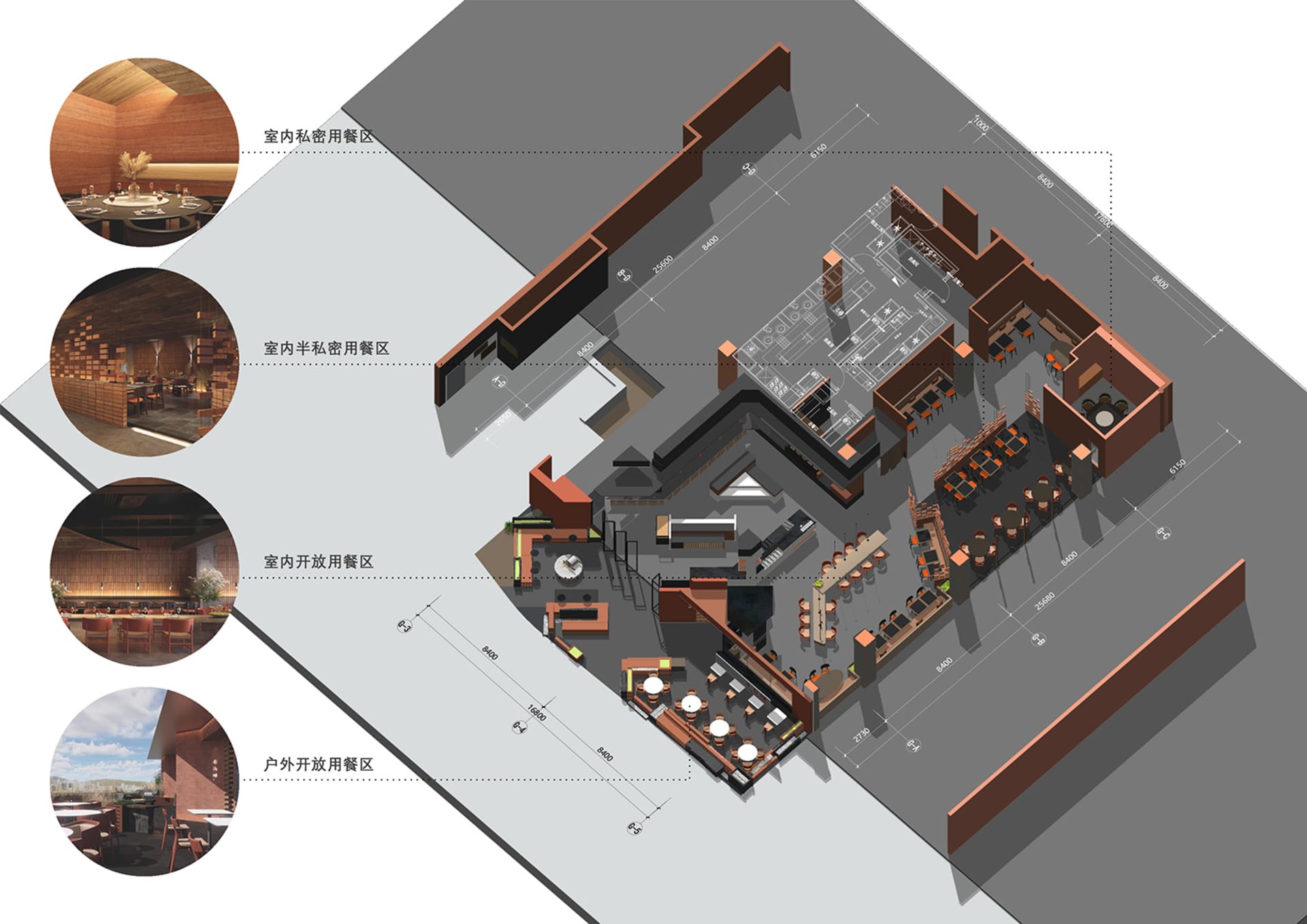 A 3D rendering of a restaurant food court layout featuring various dining zones.