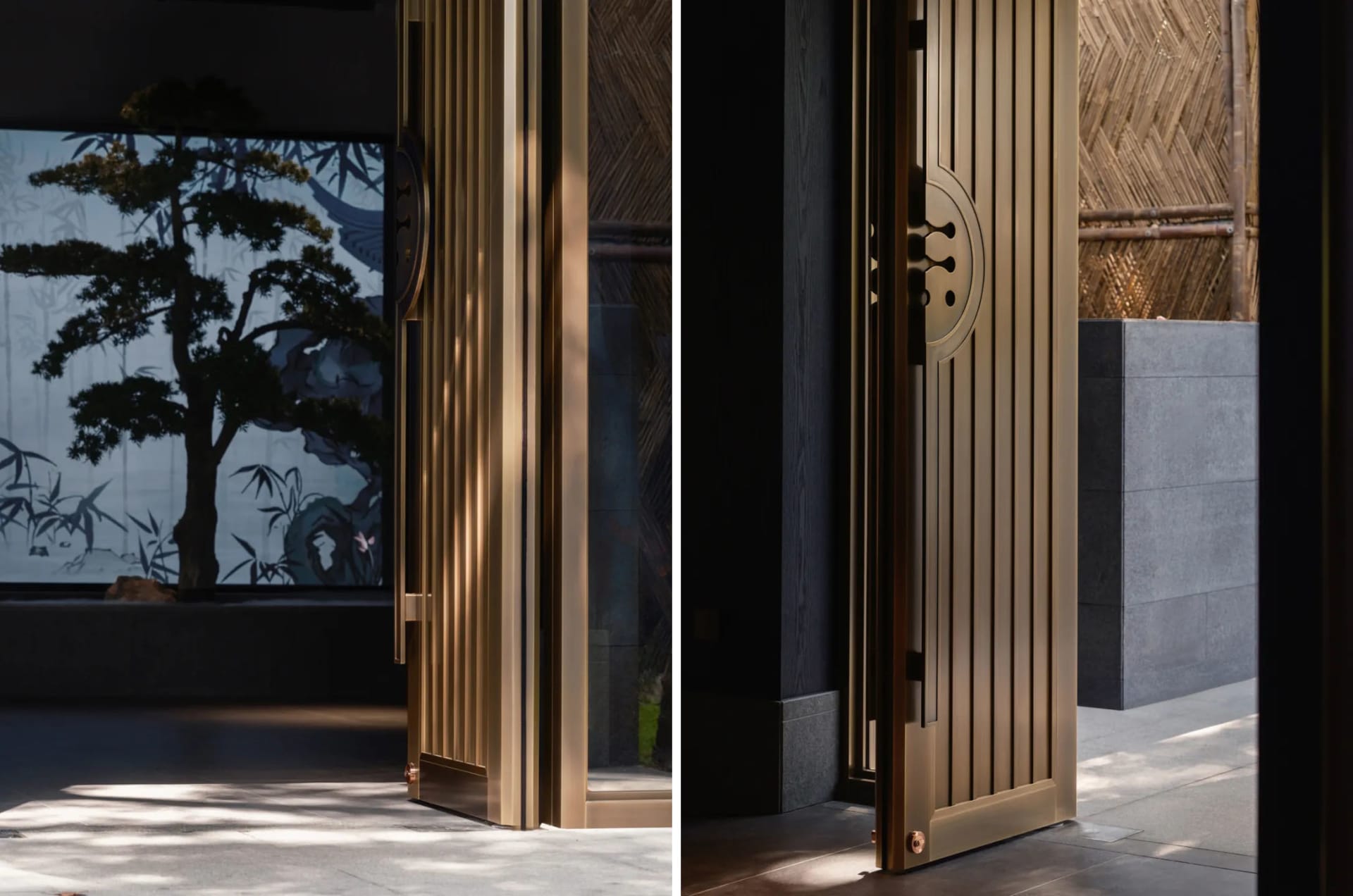 A modern entrance with bronze doors featuring geometric designs against a dark interior background, creating a sleek and eleg